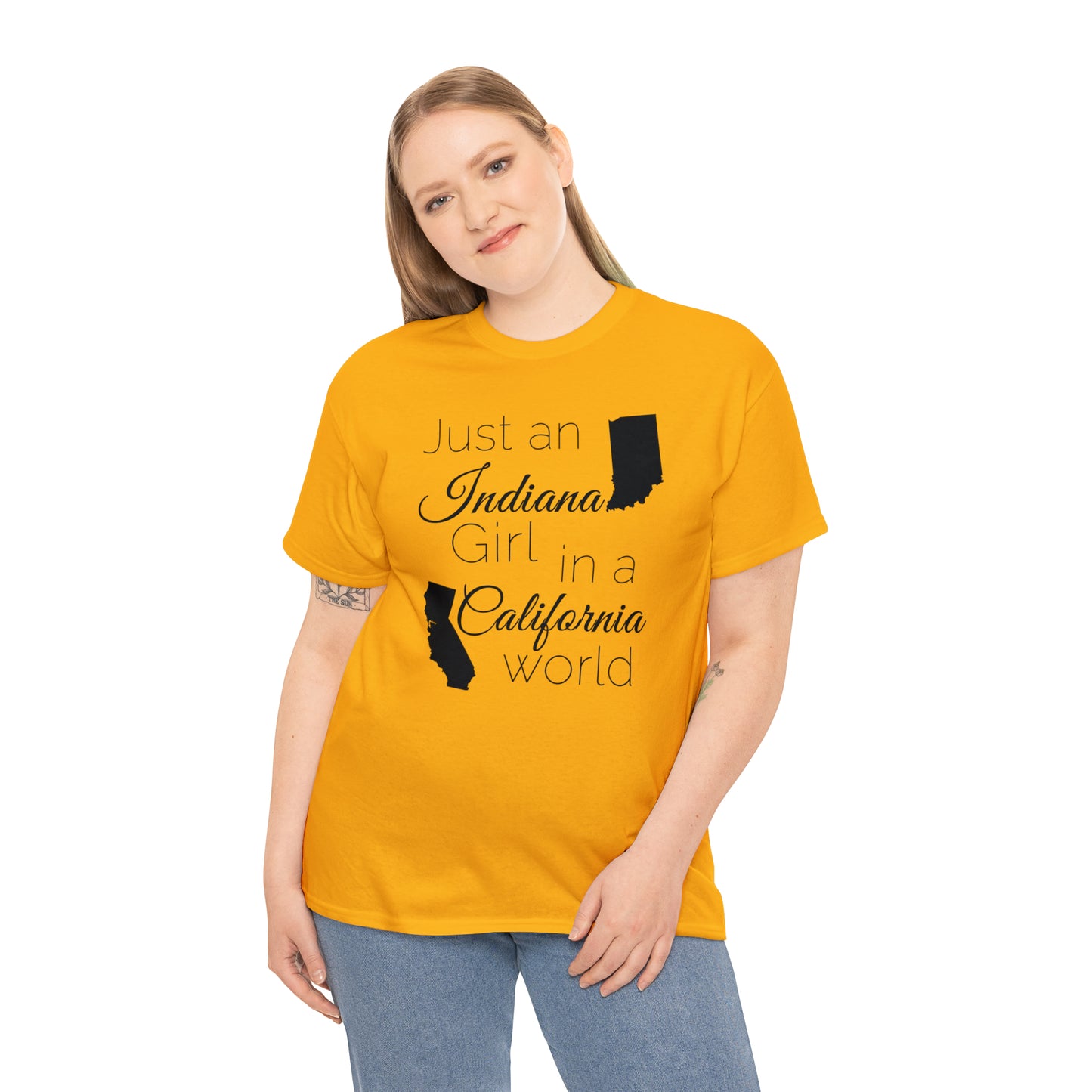 Just an Indiana Girl in a California World Unisex Heavy Cotton Tee