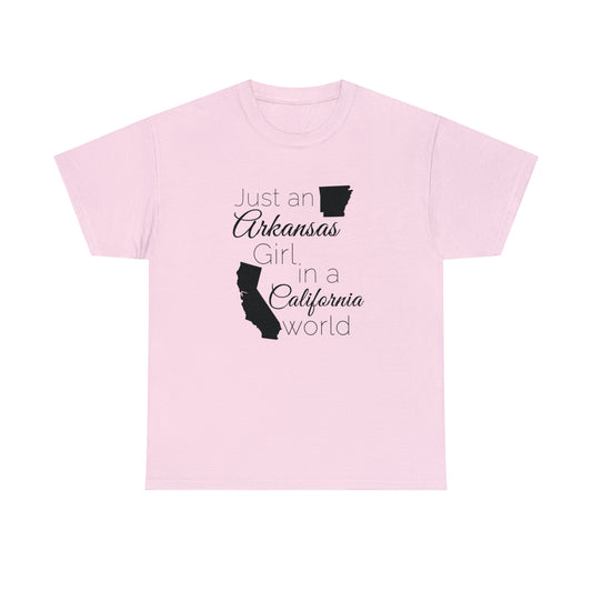 Just an Arkansas Girl in a California World Unisex Heavy Cotton Tee