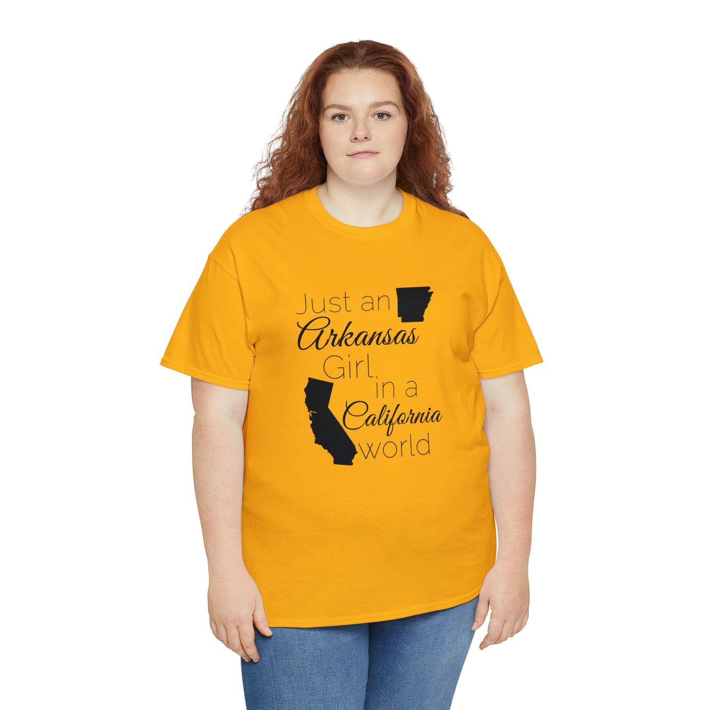 Just an Arkansas Girl in a California World Unisex Heavy Cotton Tee