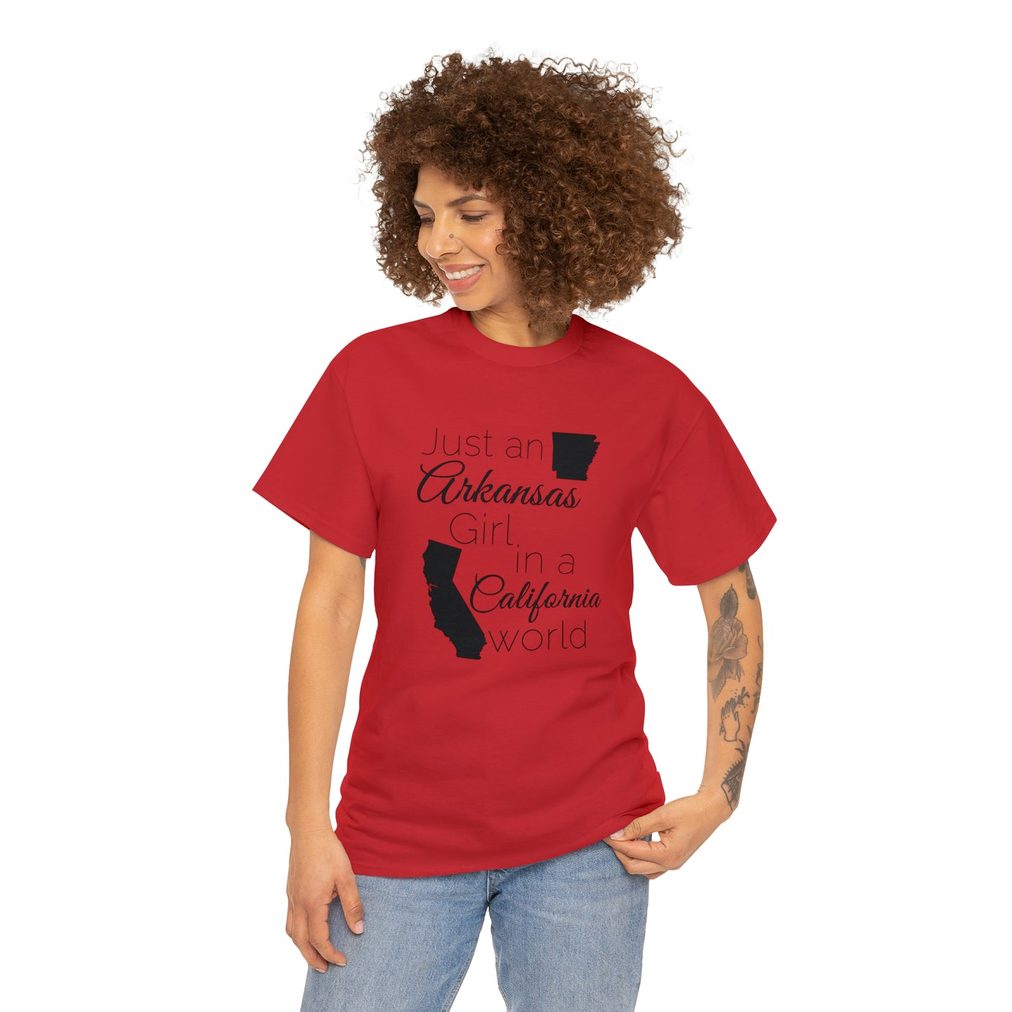 Just an Arkansas Girl in a California World Unisex Heavy Cotton Tee