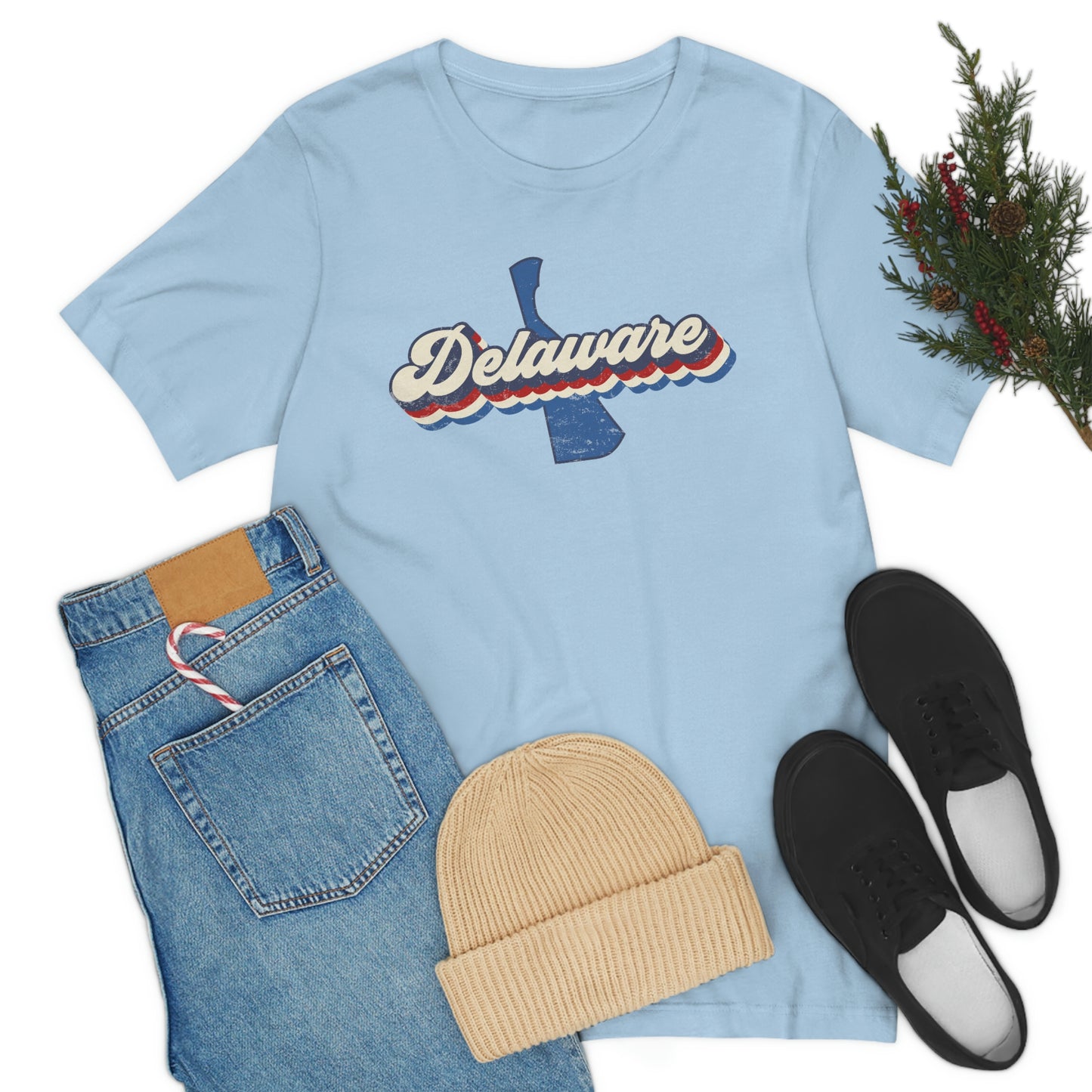 Delaware Script Red White Blue on Blue Delaware Short Sleeve T-shirt