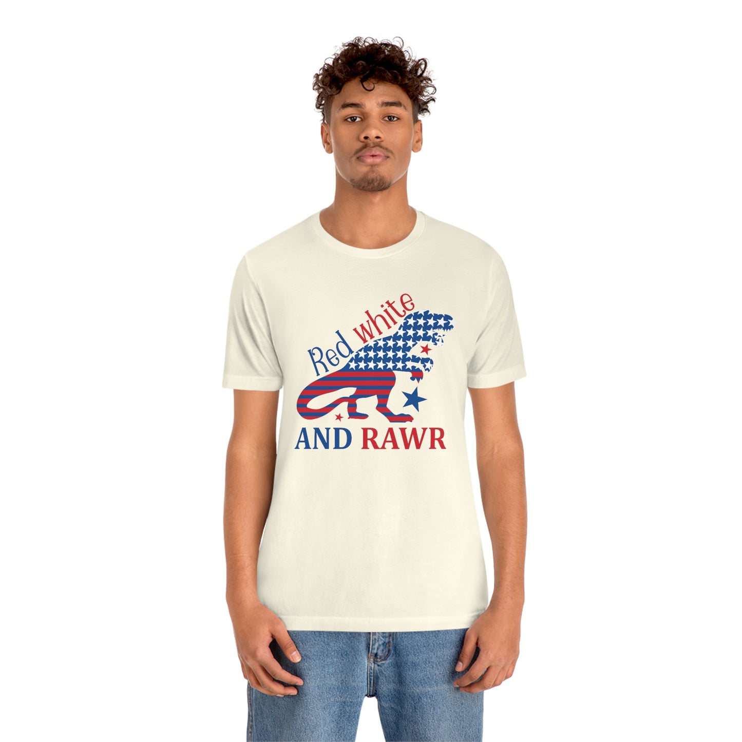 Red White Rawr Dinosaur 4th of July Unisex Jersey Short Sleeve Tee