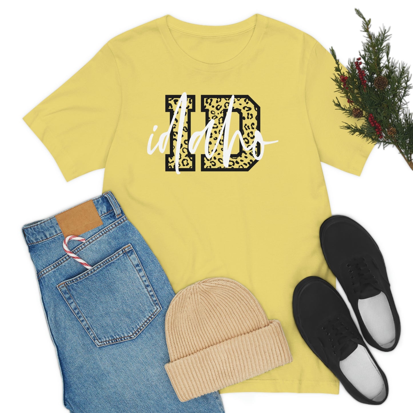 Idaho ID Leopard Print Letters White Script Short Sleeve T-shirt