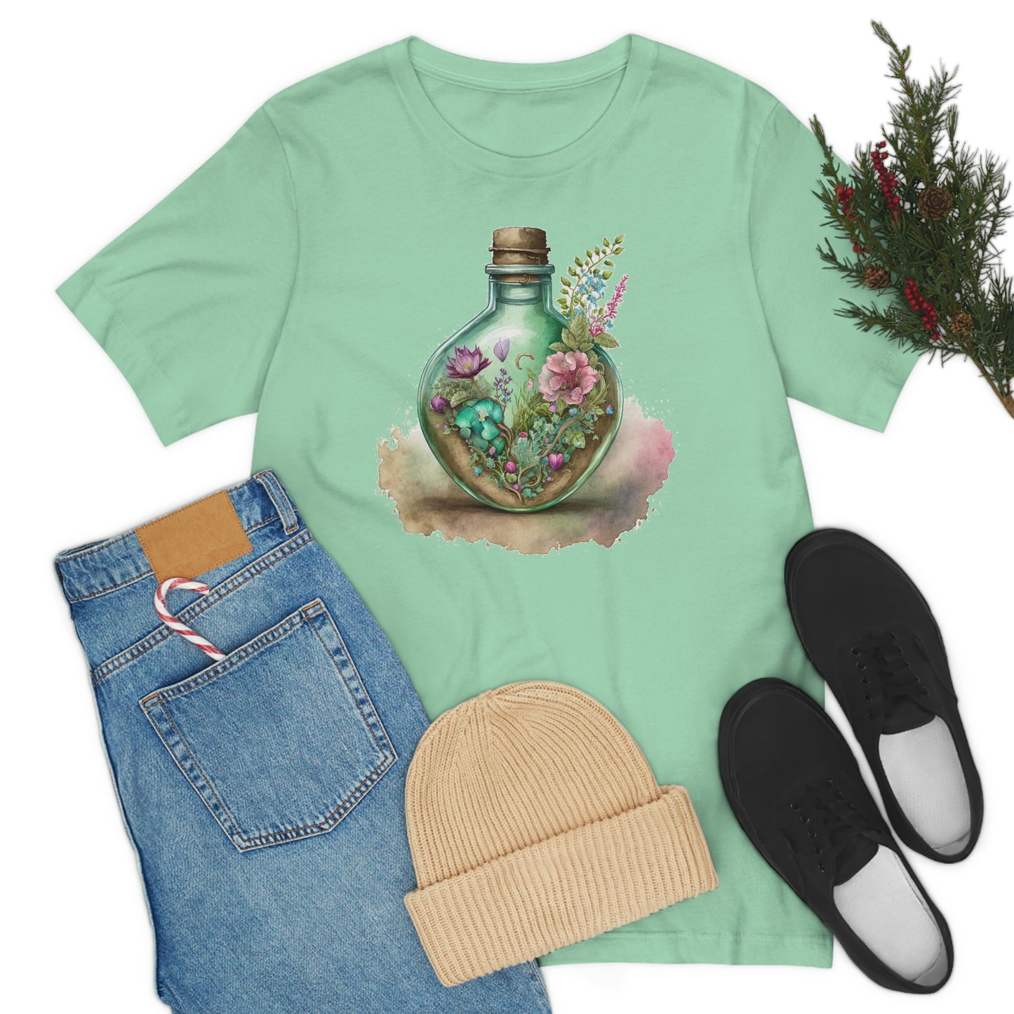 Vintage Bottle Floral Unisex Jersey Short Sleeve Tee