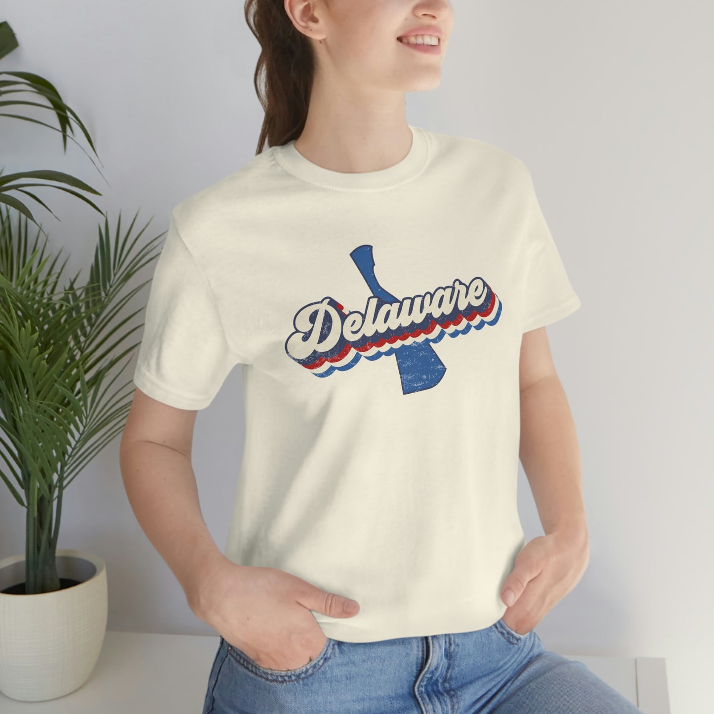 Delaware Script Red White Blue on Blue Delaware Short Sleeve T-shirt