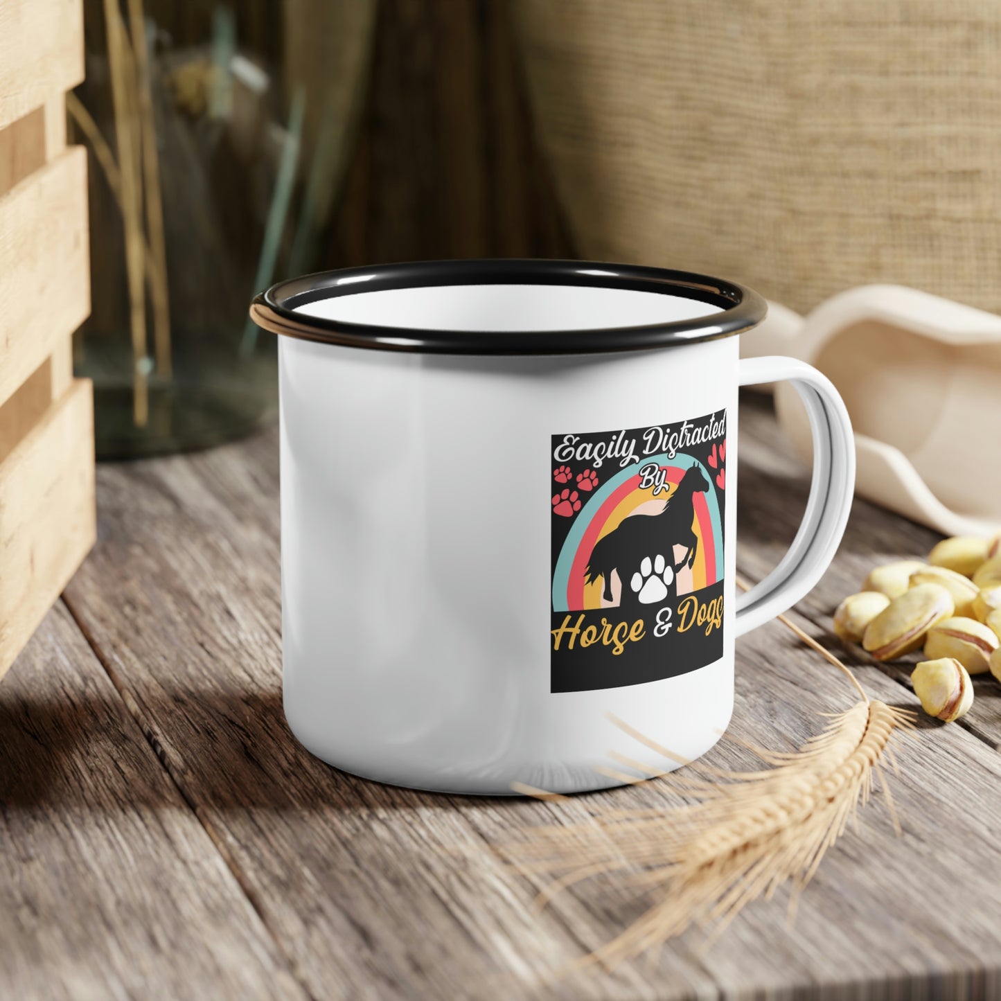 Easily Distracted Horse by Dogs White Enamel Camp Cup
