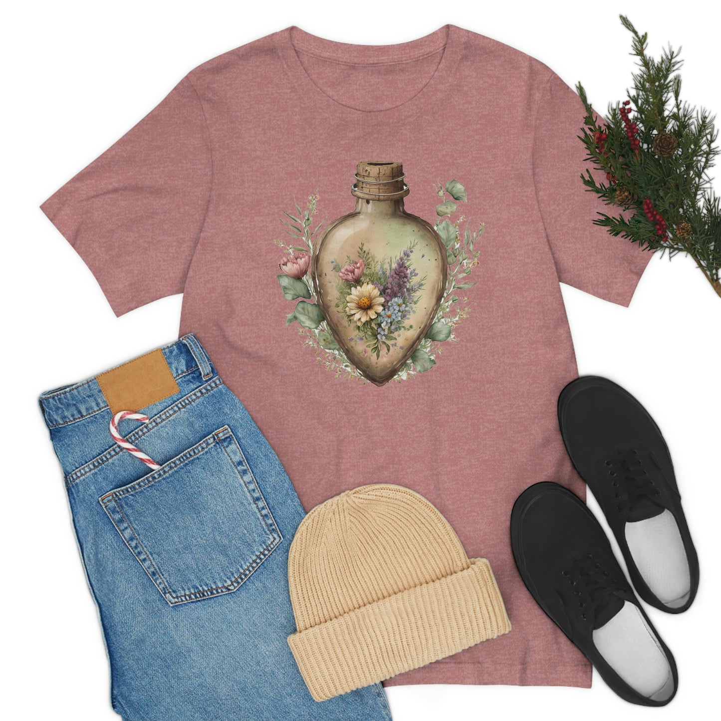 Vintage Bottle Floral Unisex Jersey Short Sleeve Tee