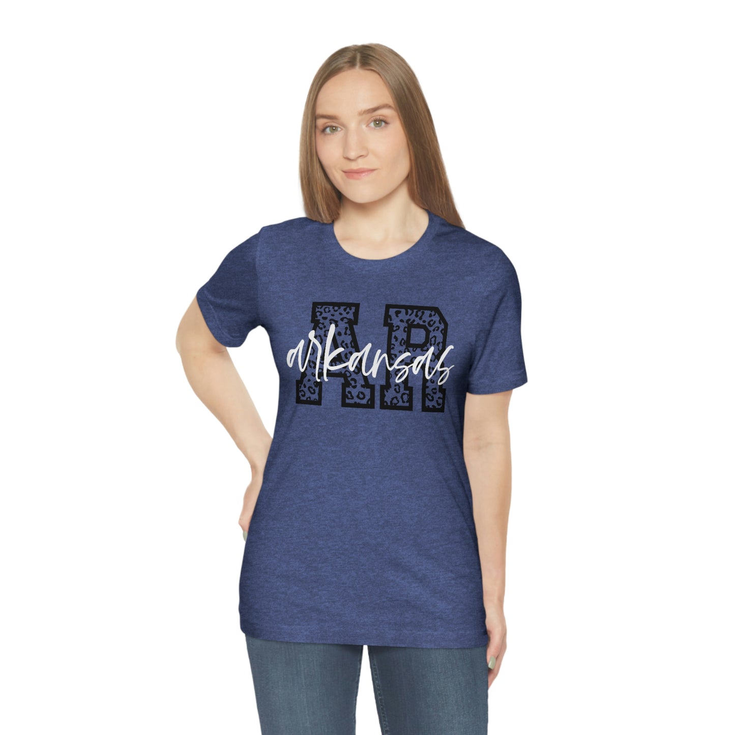 Arkansas AR Leopard Print White Script US Flag Unisex Jersey Short Sleeve Tee Tshirt T-shirt