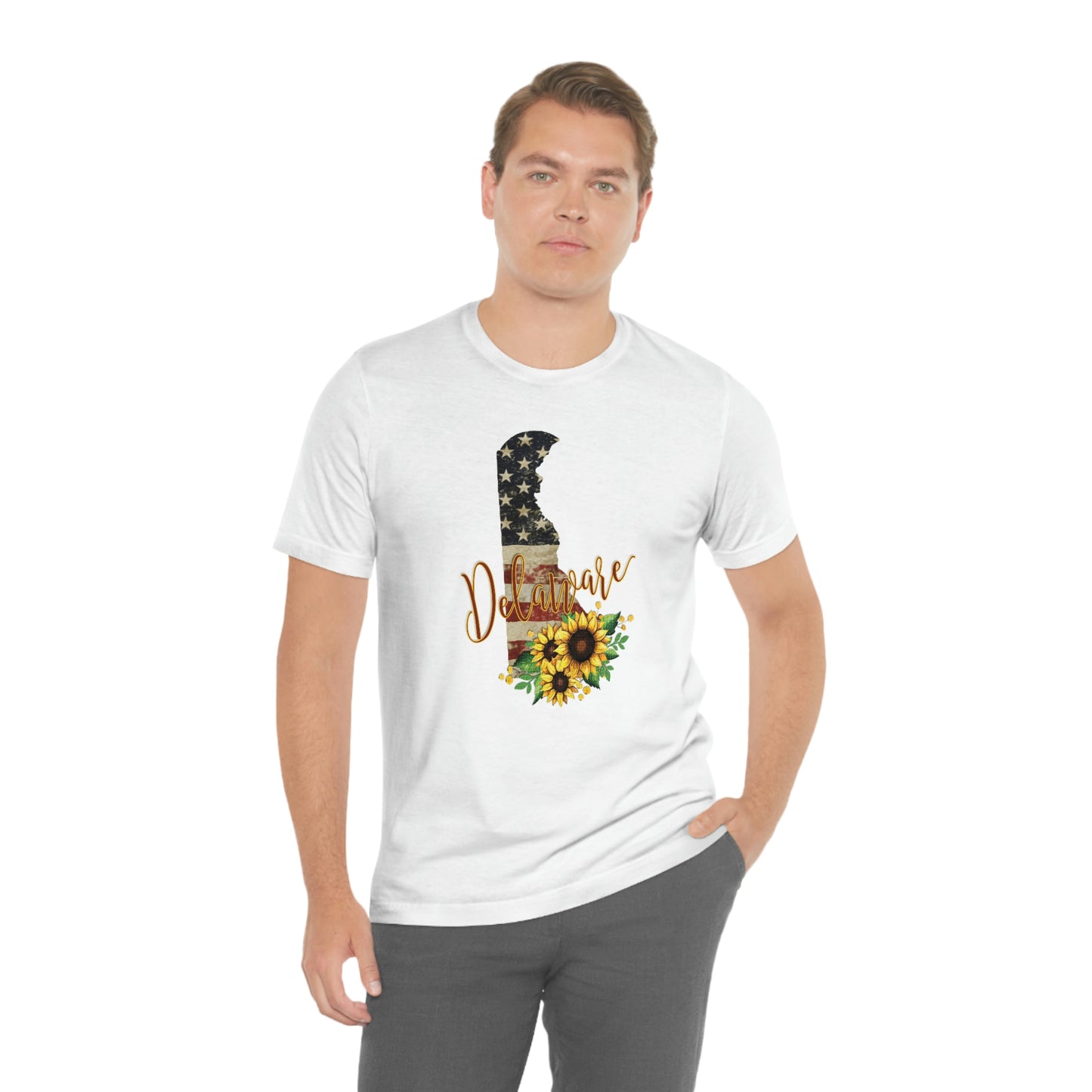 Delaware Flag Design with Sunflower Short Sleeve T-shirt
