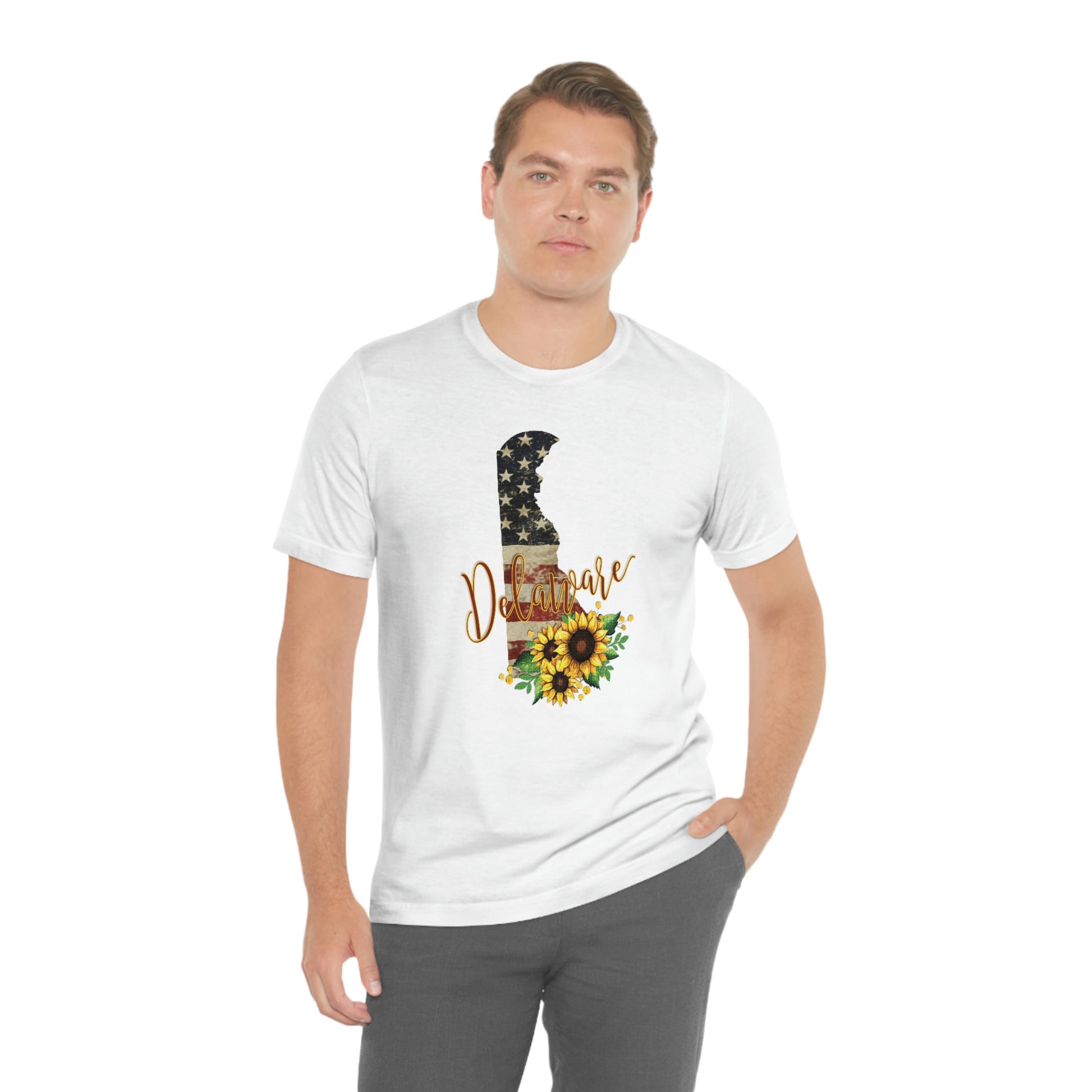 Delaware Flag Design with Sunflower Short Sleeve T-shirt