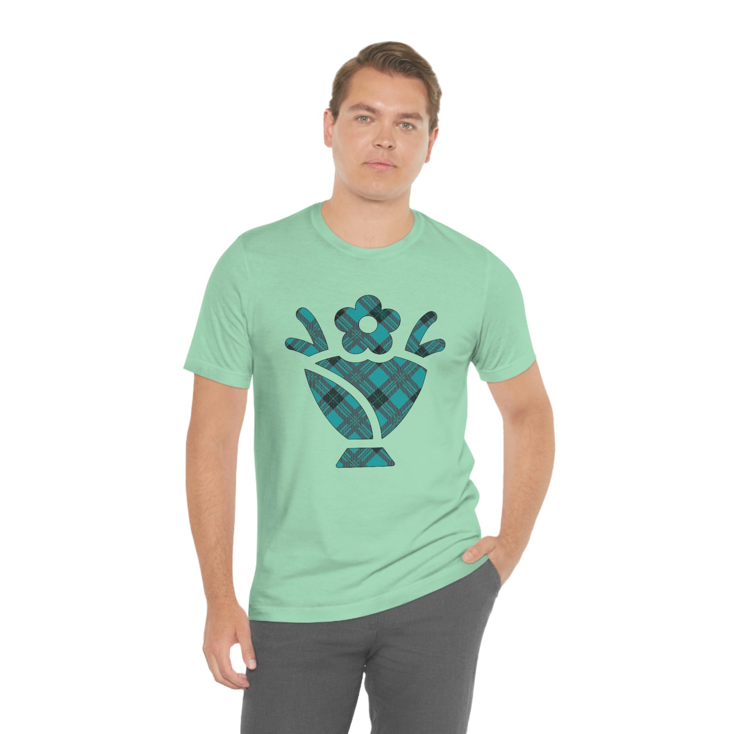 Blue Plaid Egg Basket Flowers Unisex Jersey Short Sleeve Tee