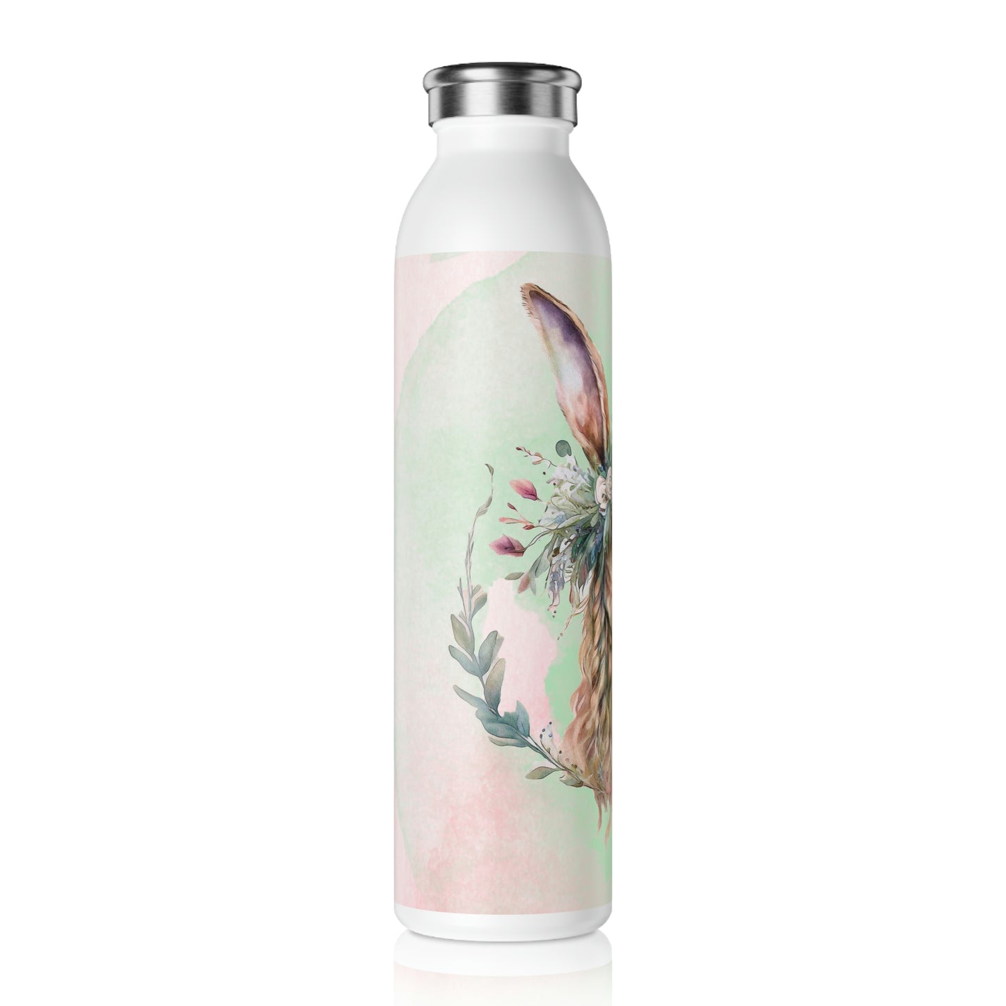 Spring Rabbit in Flower Wreath Watercolor Slim Water Bottle