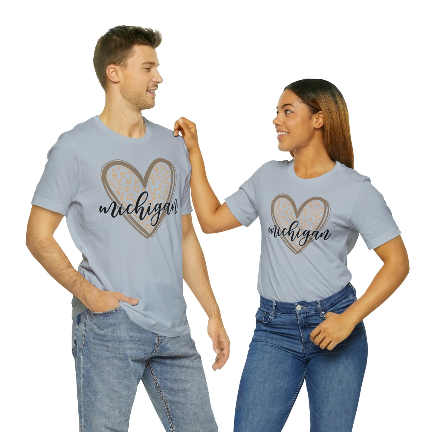 Michigan Gold Leopard Heart Black Script Short Sleeve T-shirt