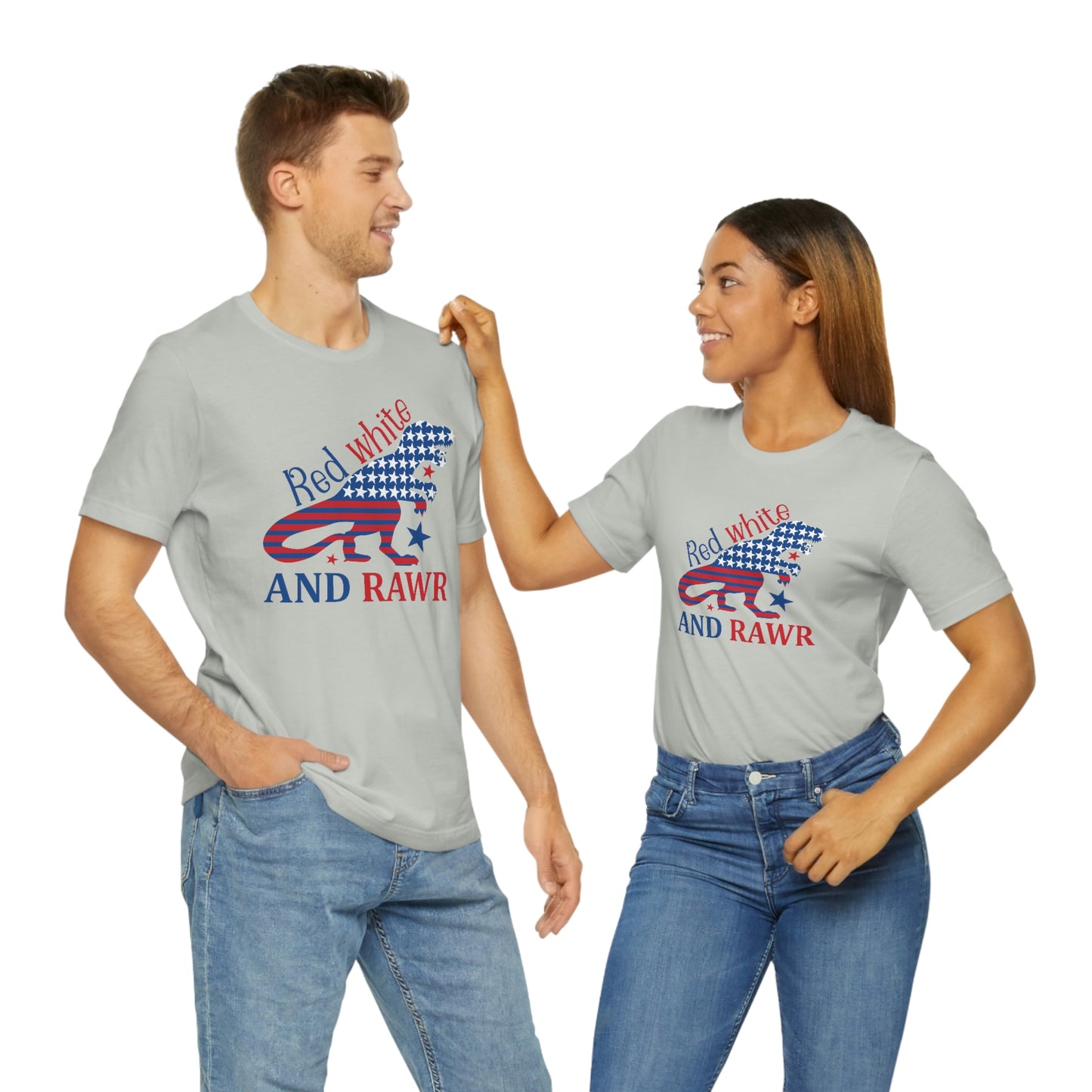 Red White Rawr Dinosaur 4th of July Unisex Jersey Short Sleeve Tee