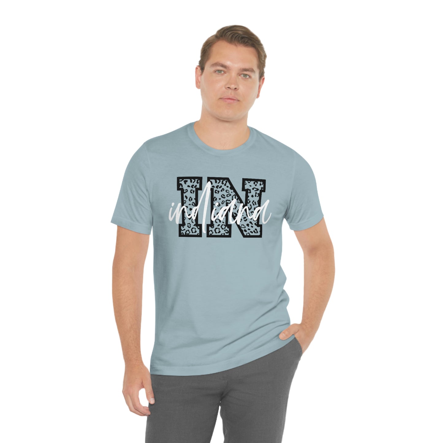 Indiana IN Leopard Print Letters White Script Short Sleeve T-shirt