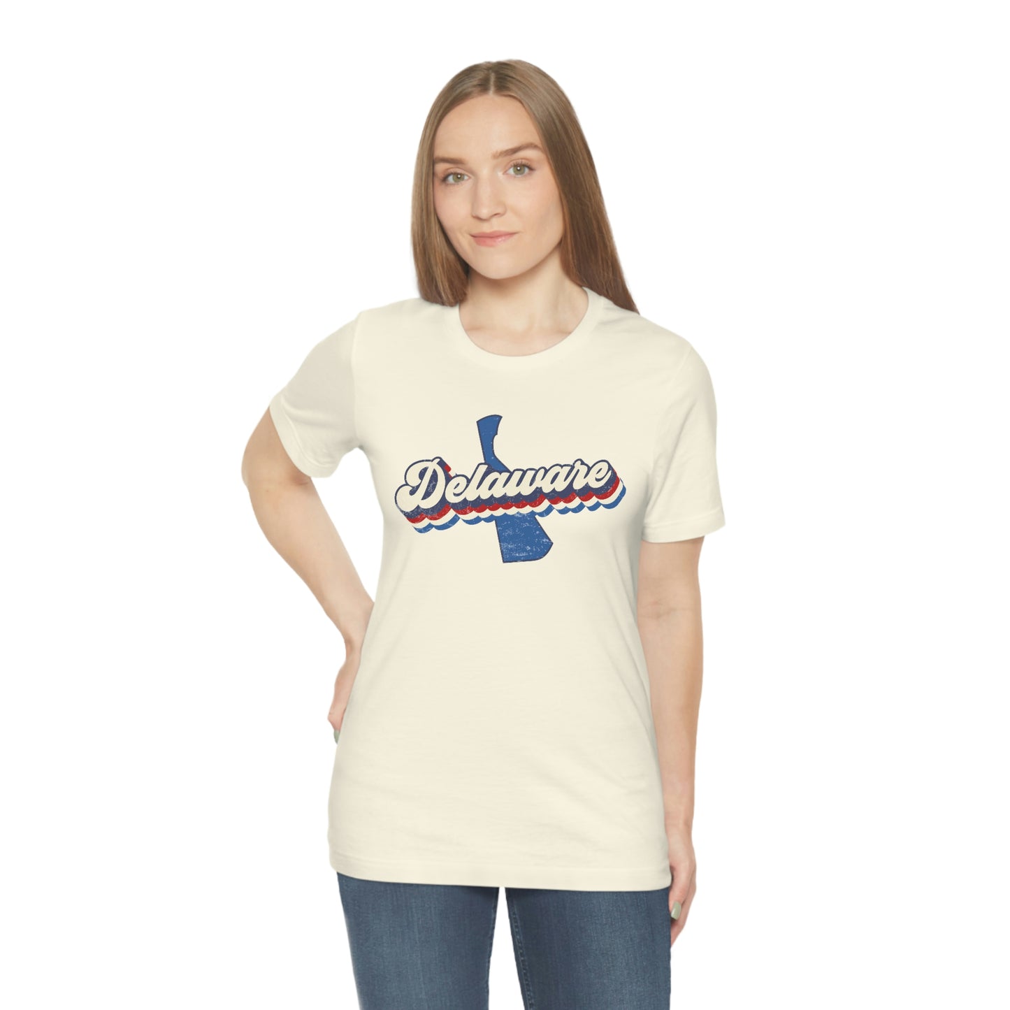 Delaware Script Red White Blue on Blue Delaware Short Sleeve T-shirt