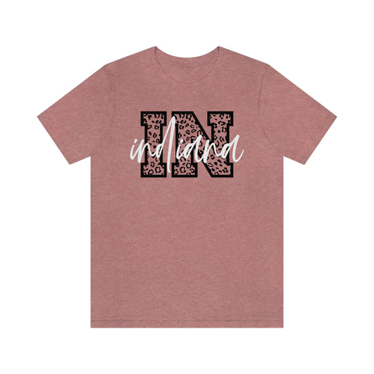 Indiana IN Leopard Print Letters White Script Short Sleeve T-shirt