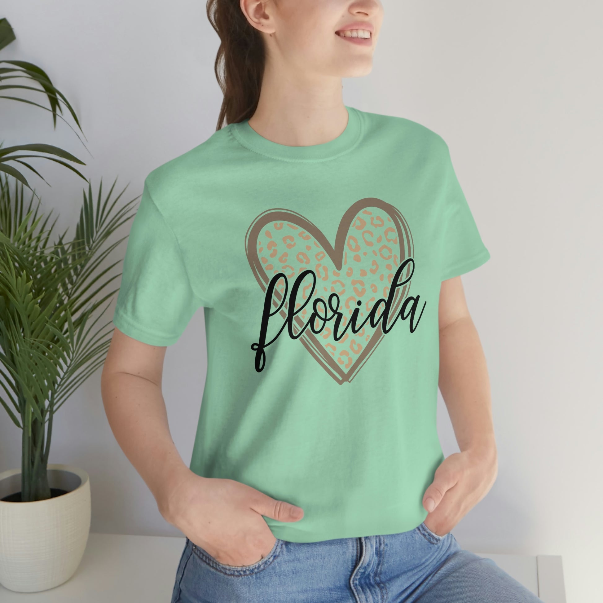 Florida Heart Gold Leopard Print With Black Script Short Sleeve T-shirt