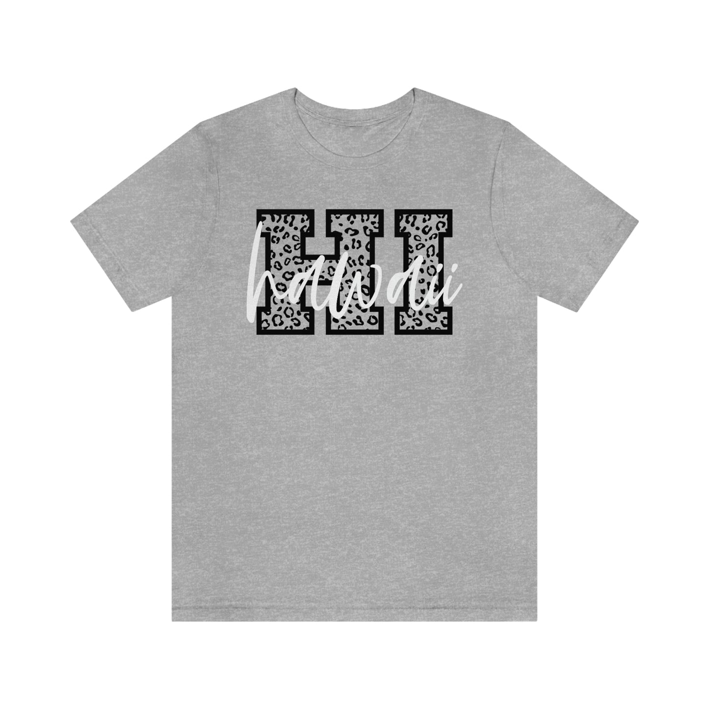 Hawaii HI Leopard Print Letters White Script Short Sleeve T-shirt