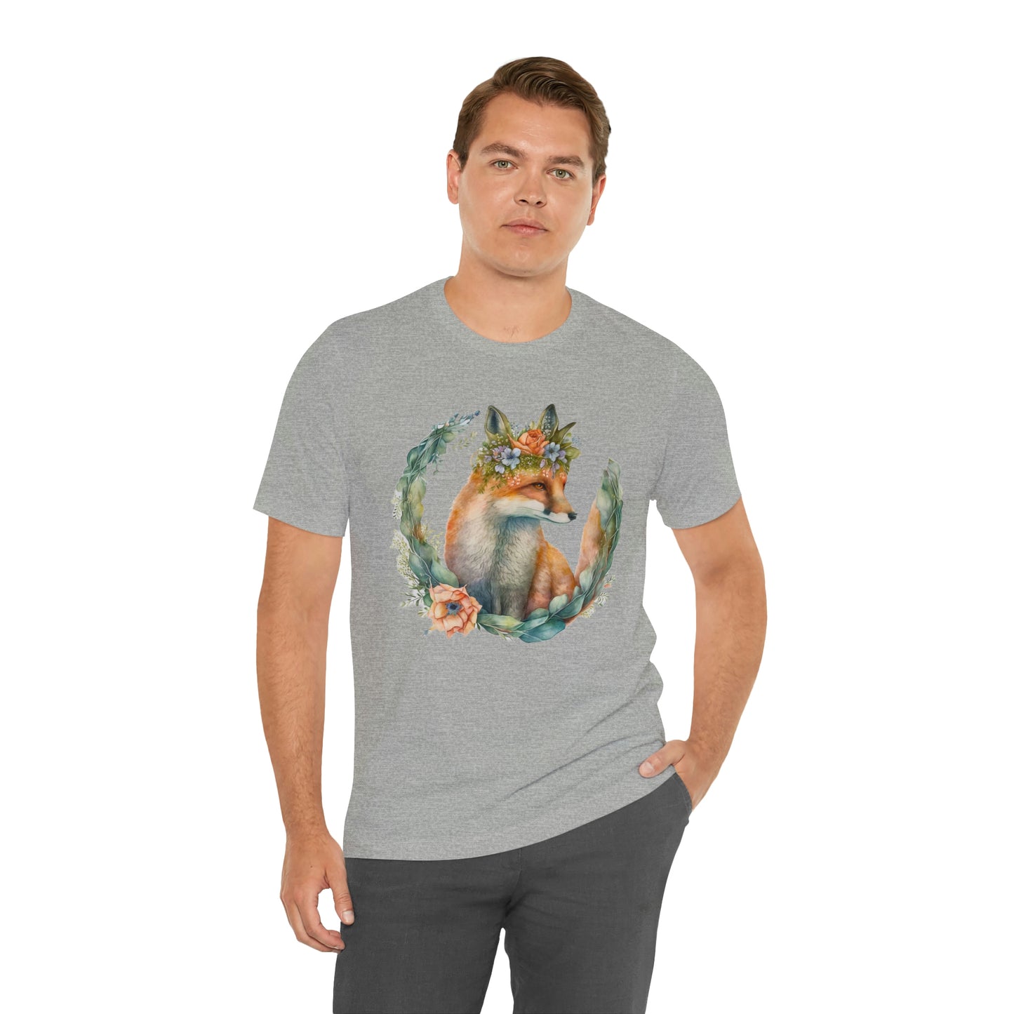 Watercolor Fox Peaking Through Wreath Short Sleeve T-shirt