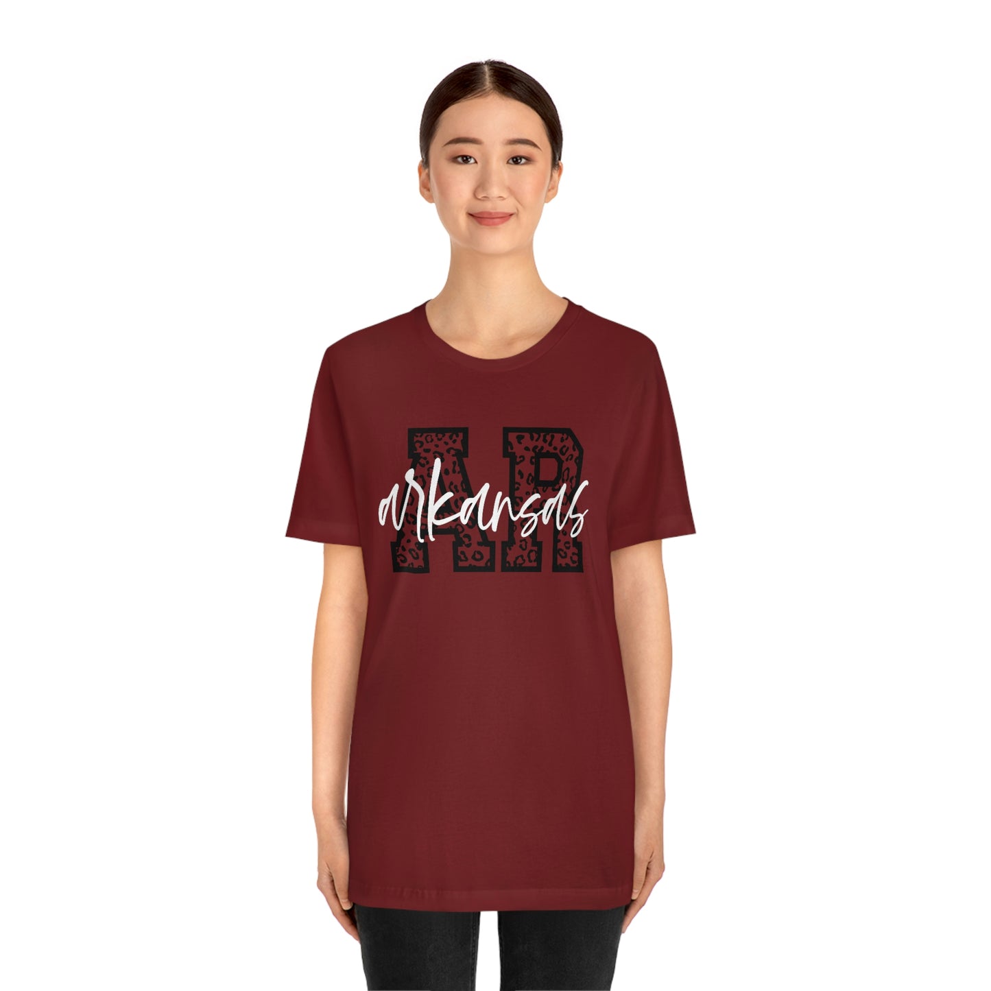 Arkansas AR Leopard Print White Script US Flag Unisex Jersey Short Sleeve Tee Tshirt T-shirt