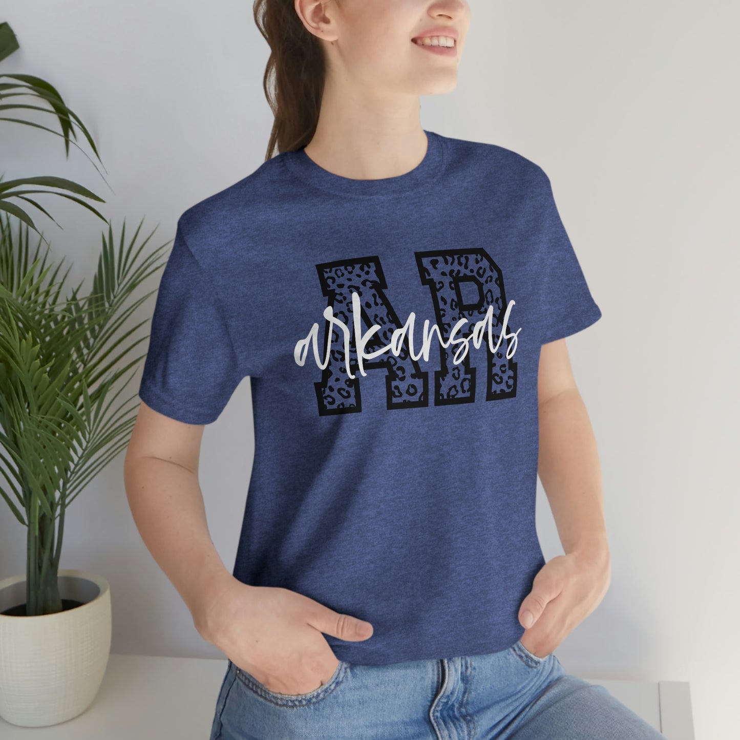 Arkansas AR Leopard Print White Script US Flag Unisex Jersey Short Sleeve Tee Tshirt T-shirt