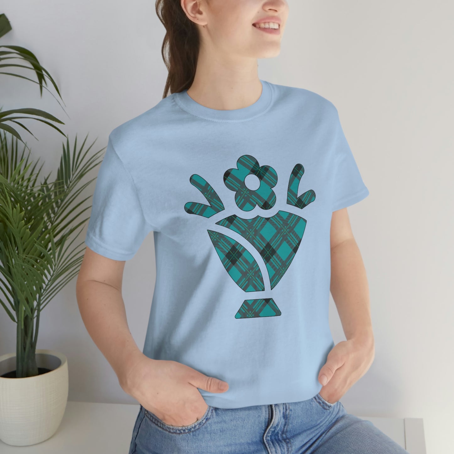 Blue Plaid Egg Basket Flowers Unisex Jersey Short Sleeve Tee