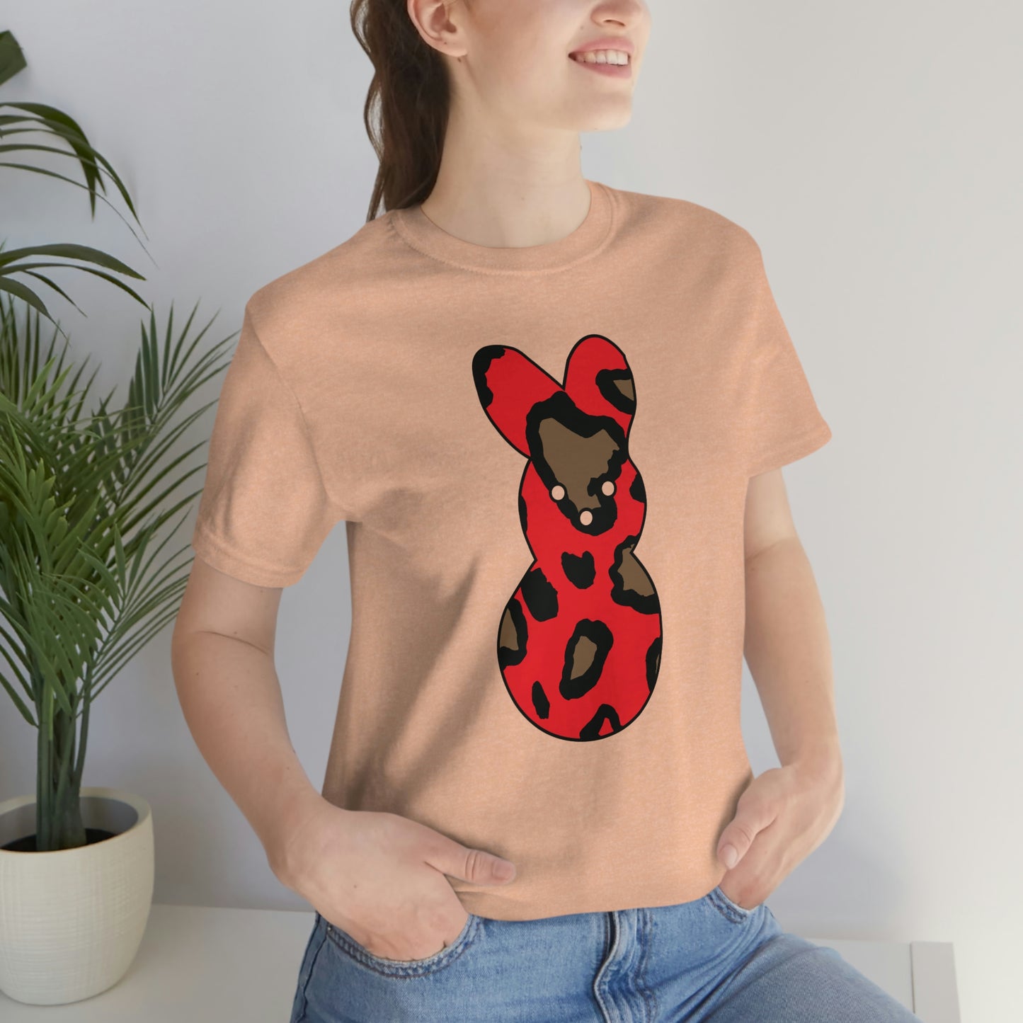 Red Leopard Print Bunny Easter Spring Print Unisex Jersey Short Sleeve Tee
