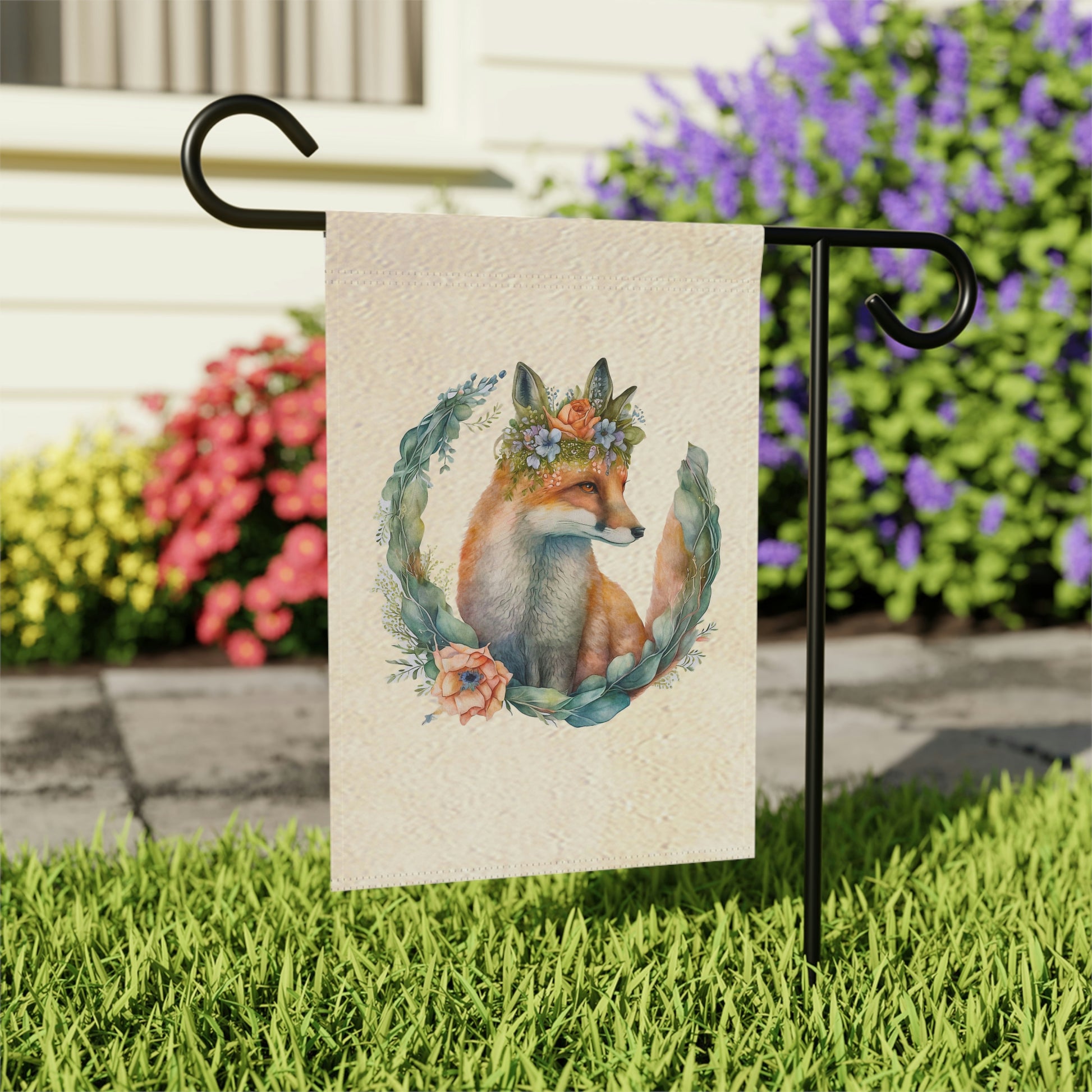 Watercolor Fox Peaking Through Wreath Garden & House Banner