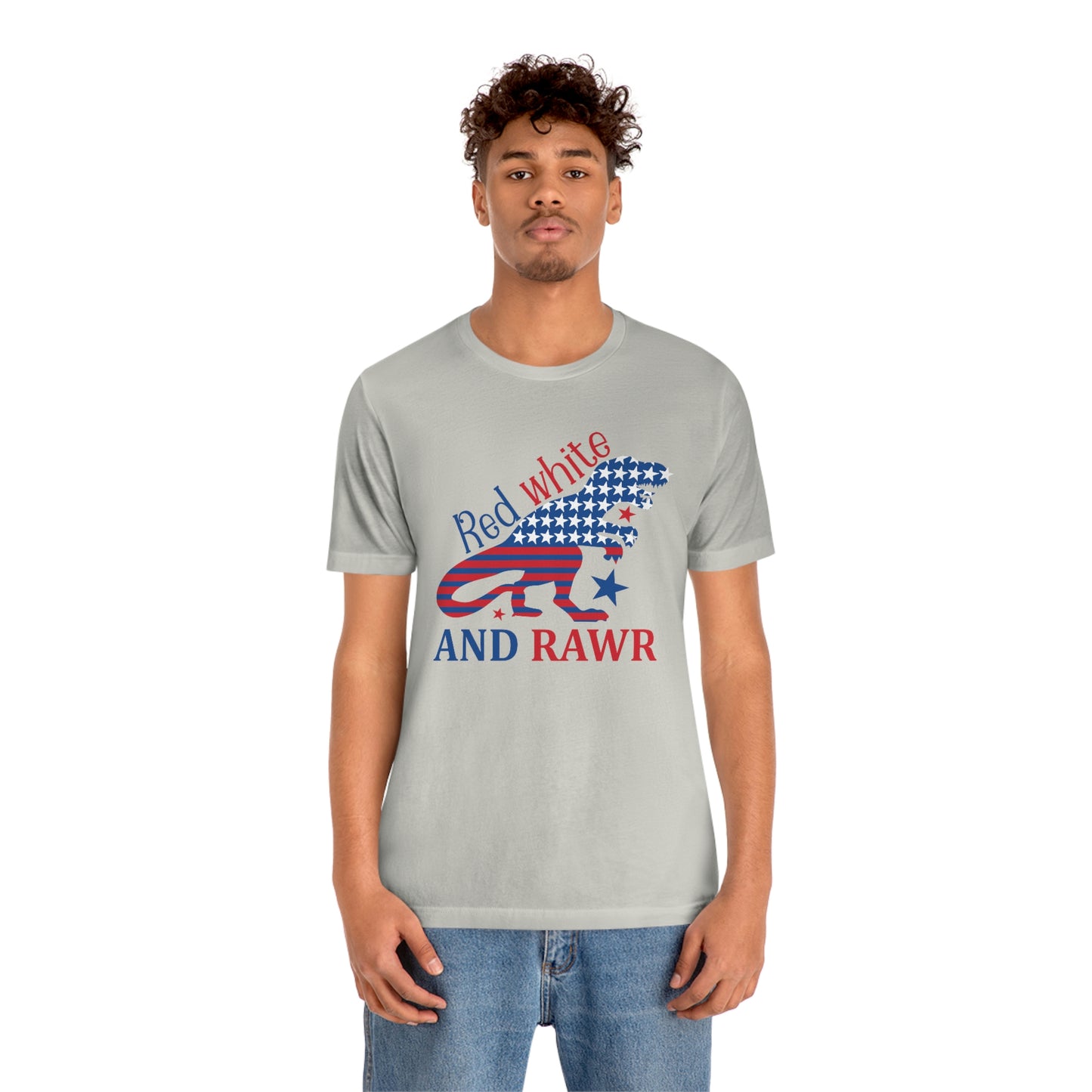 Red White Rawr Dinosaur 4th of July Unisex Jersey Short Sleeve Tee