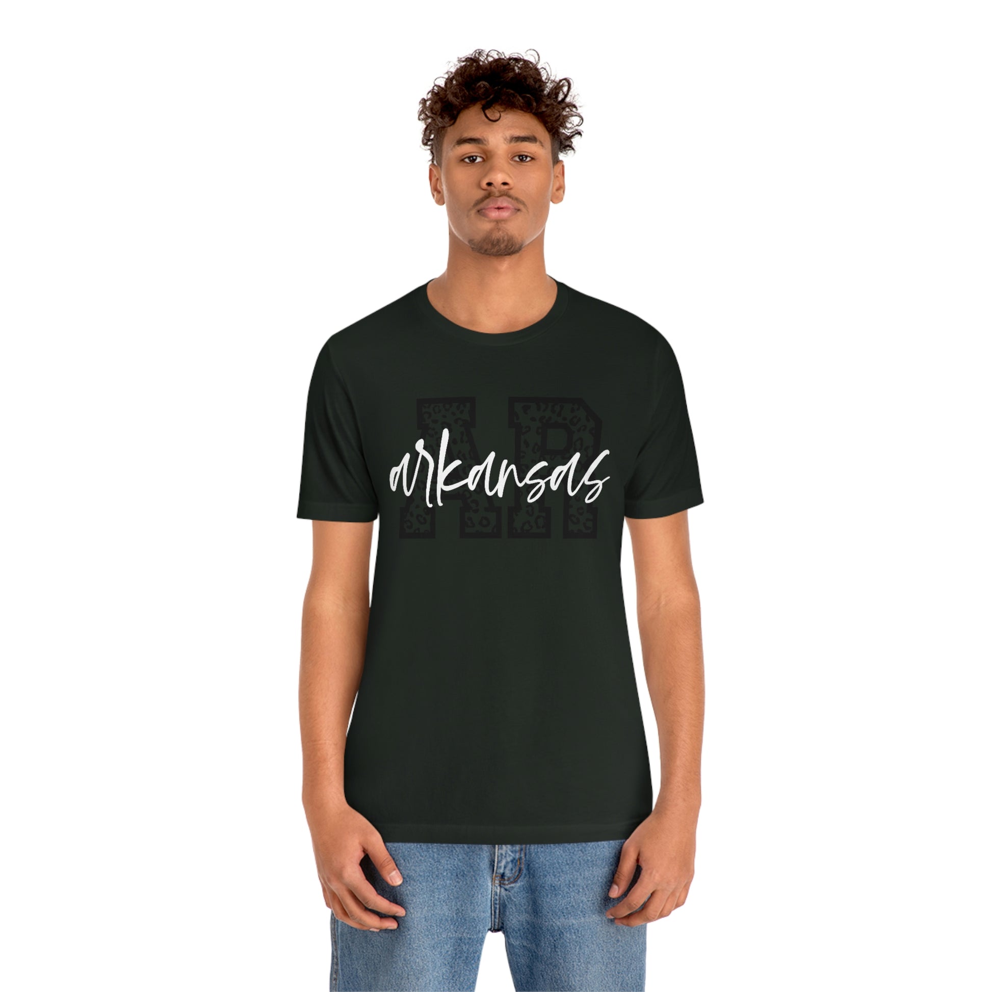 Arkansas AR Leopard Print White Script US Flag Unisex Jersey Short Sleeve Tee Tshirt T-shirt