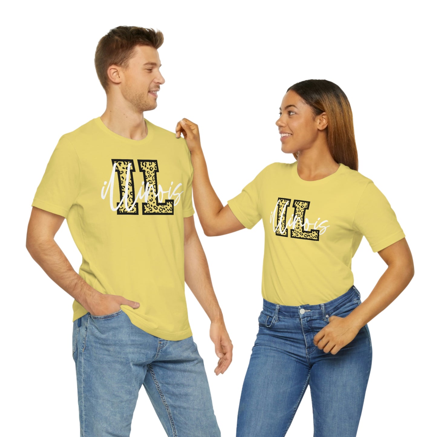 Illinois ID Leopard Print Letters White Script Short Sleeve T-shirt