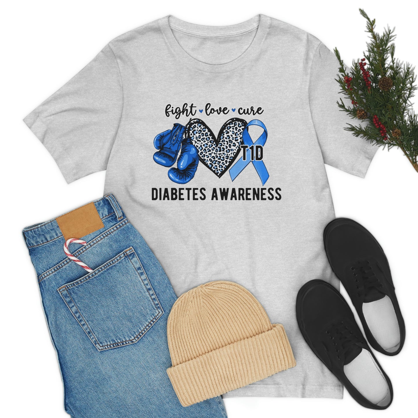 Fight Love Cure T1D Diabetes Awareness Print Unisex Jersey Short Sleeve Tee