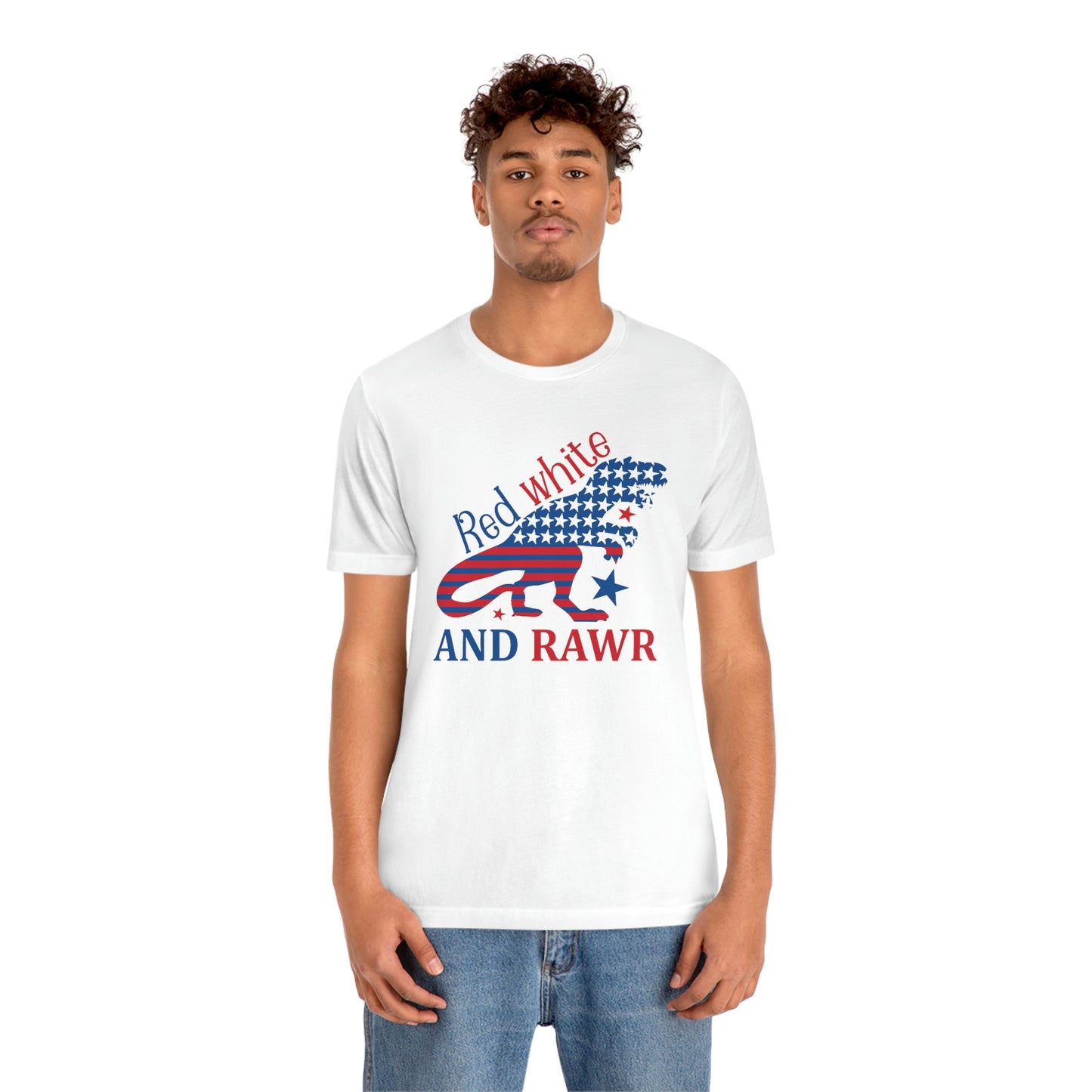 Red White Rawr Dinosaur 4th of July Unisex Jersey Short Sleeve Tee