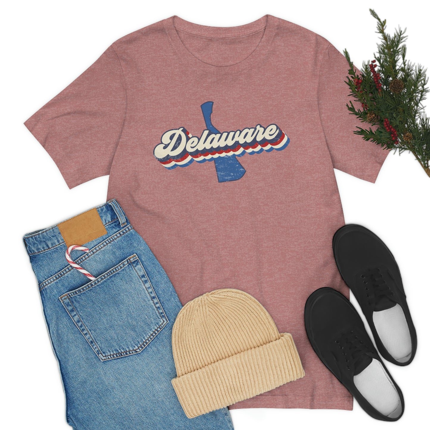 Delaware Script Red White Blue on Blue Delaware Short Sleeve T-shirt