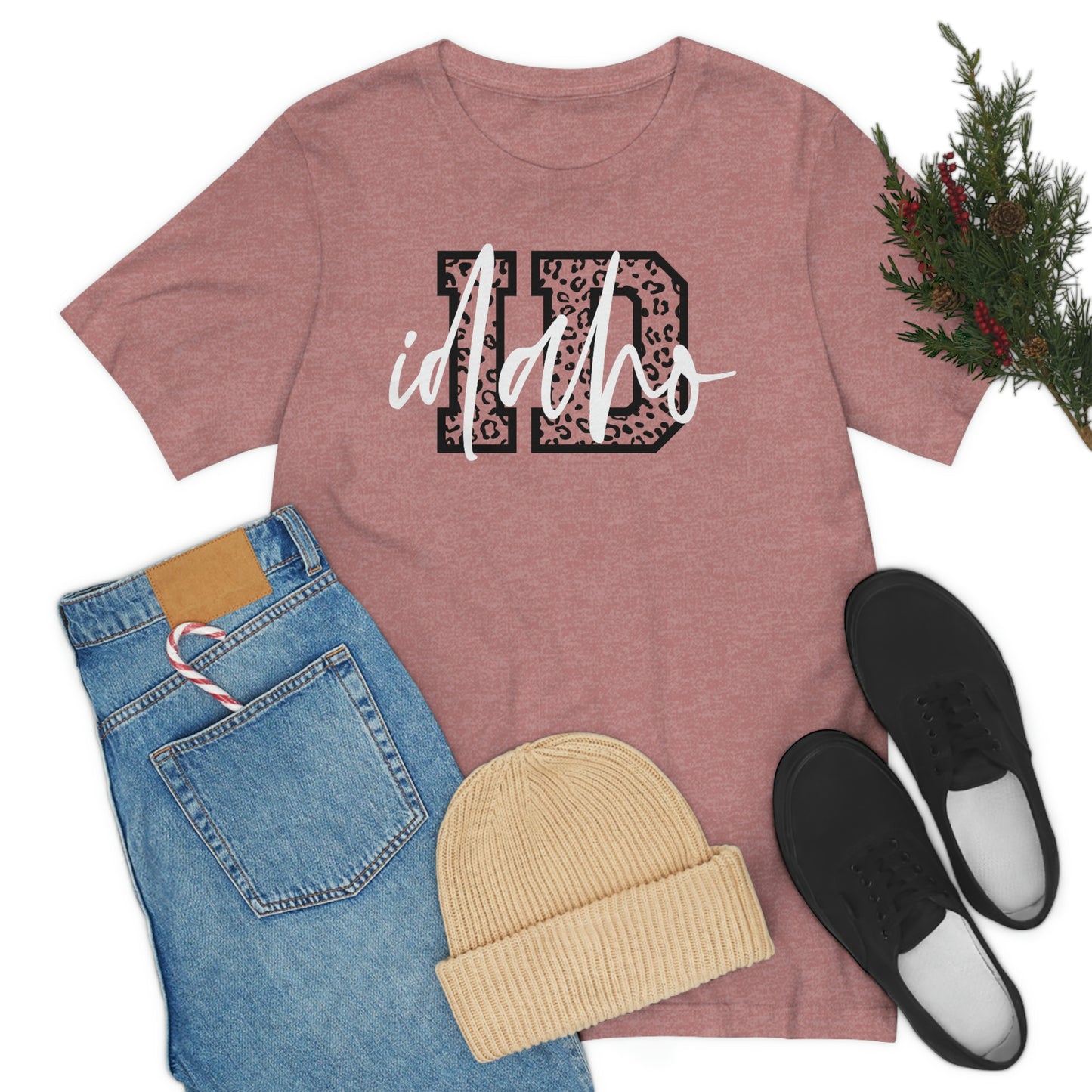 Idaho ID Leopard Print Letters White Script Short Sleeve T-shirt