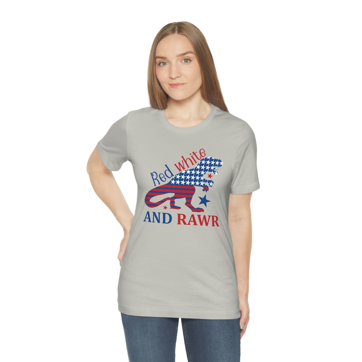Red White Rawr Dinosaur 4th of July Unisex Jersey Short Sleeve Tee