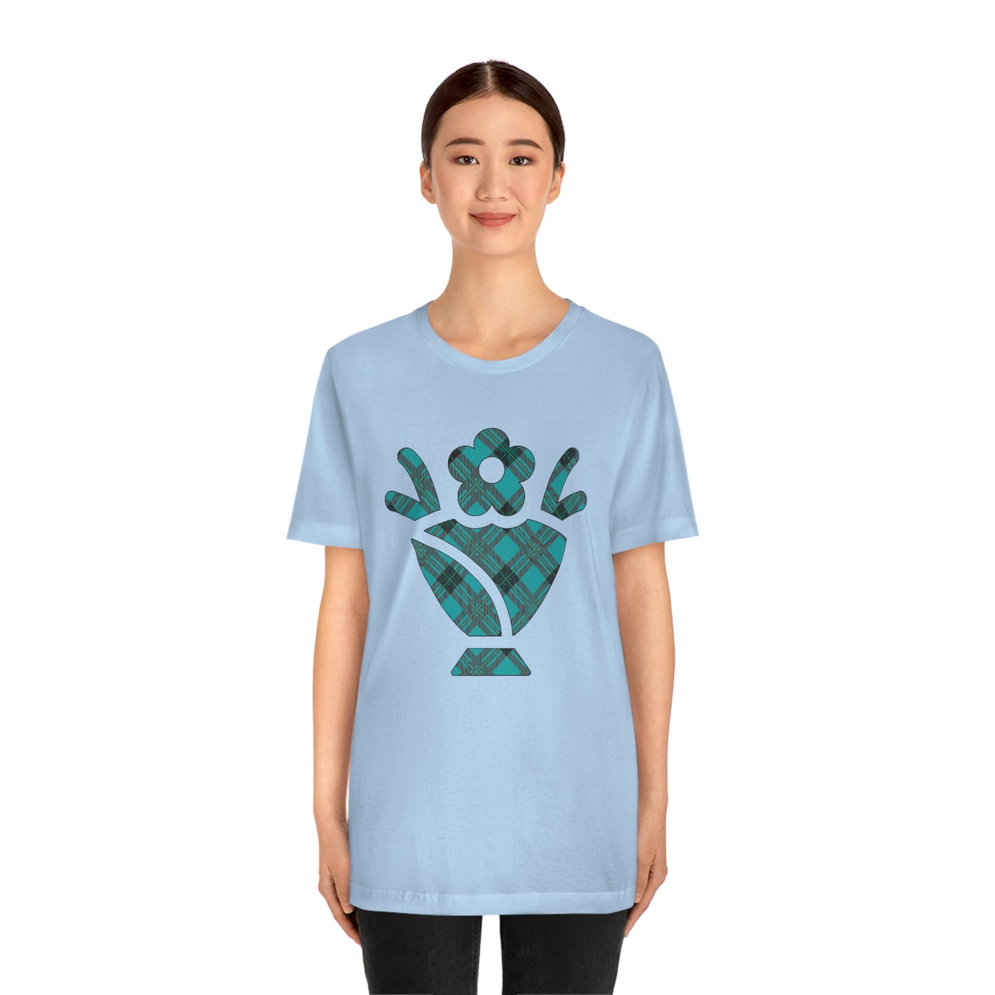 Blue Plaid Egg Basket Flowers Unisex Jersey Short Sleeve Tee
