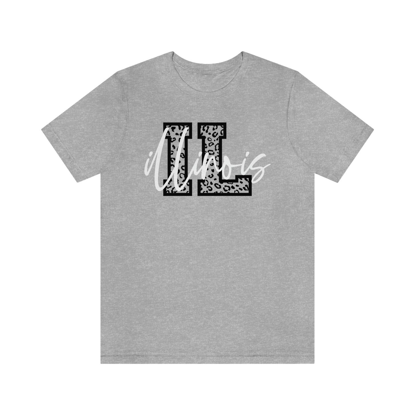 Illinois ID Leopard Print Letters White Script Short Sleeve T-shirt
