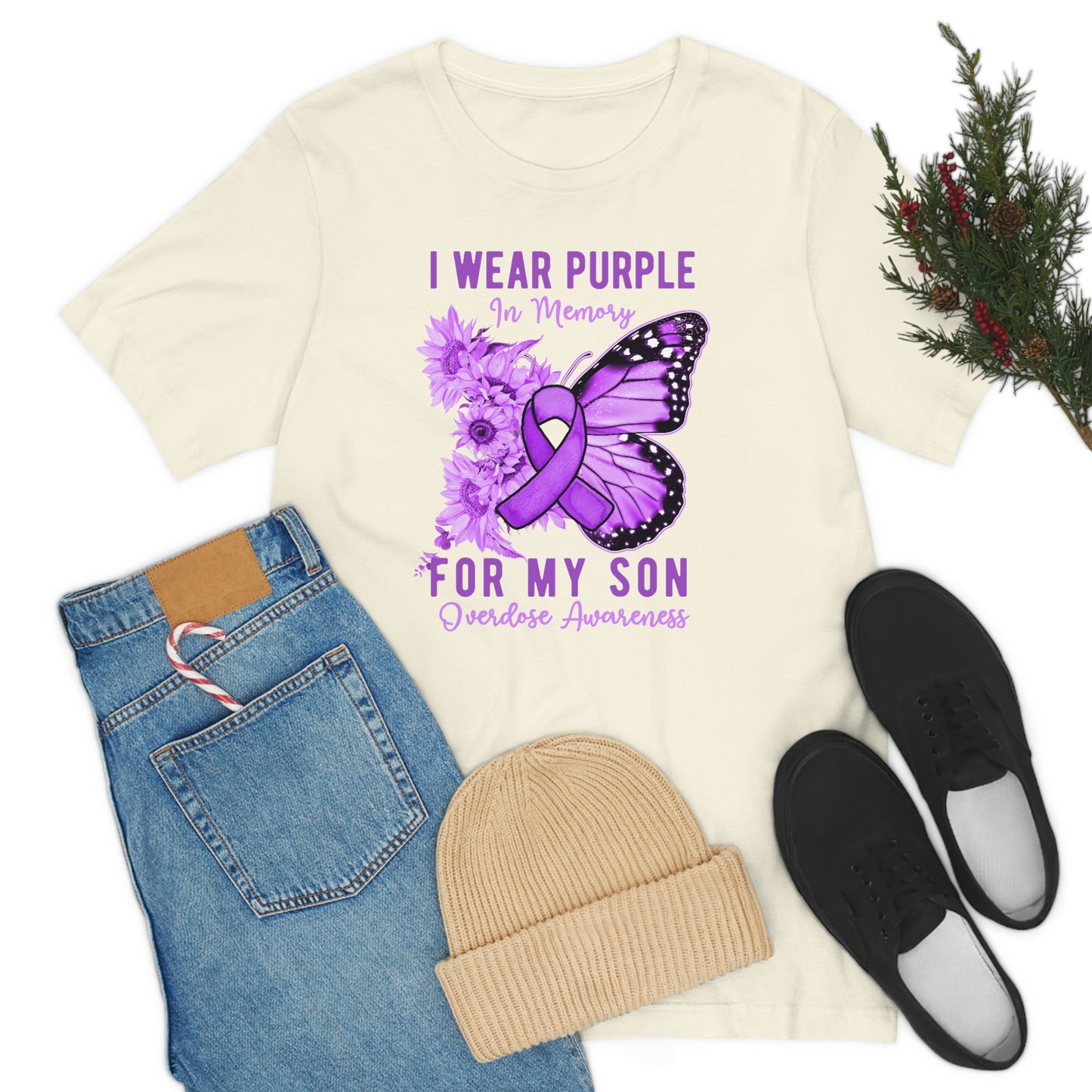 I Wear Purple In Memory For My Son Overdose Awareness Print Unisex Jersey Short Sleeve Tee