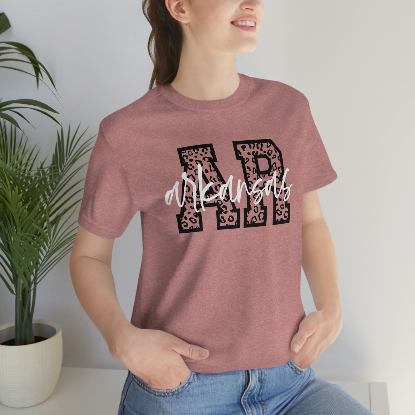 Arkansas AR Leopard Print White Script US Flag Unisex Jersey Short Sleeve Tee Tshirt T-shirt