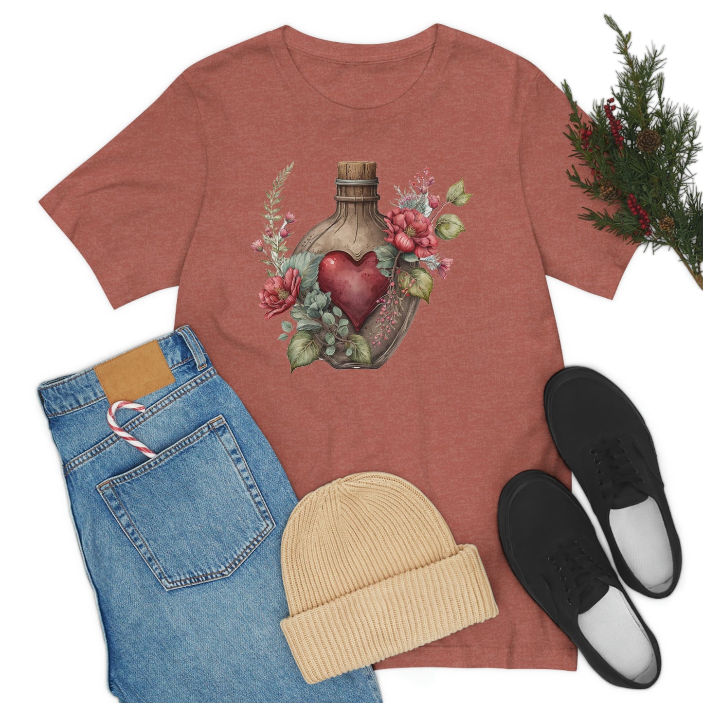 Vintage Bottle Floral Unisex Jersey Short Sleeve Tee