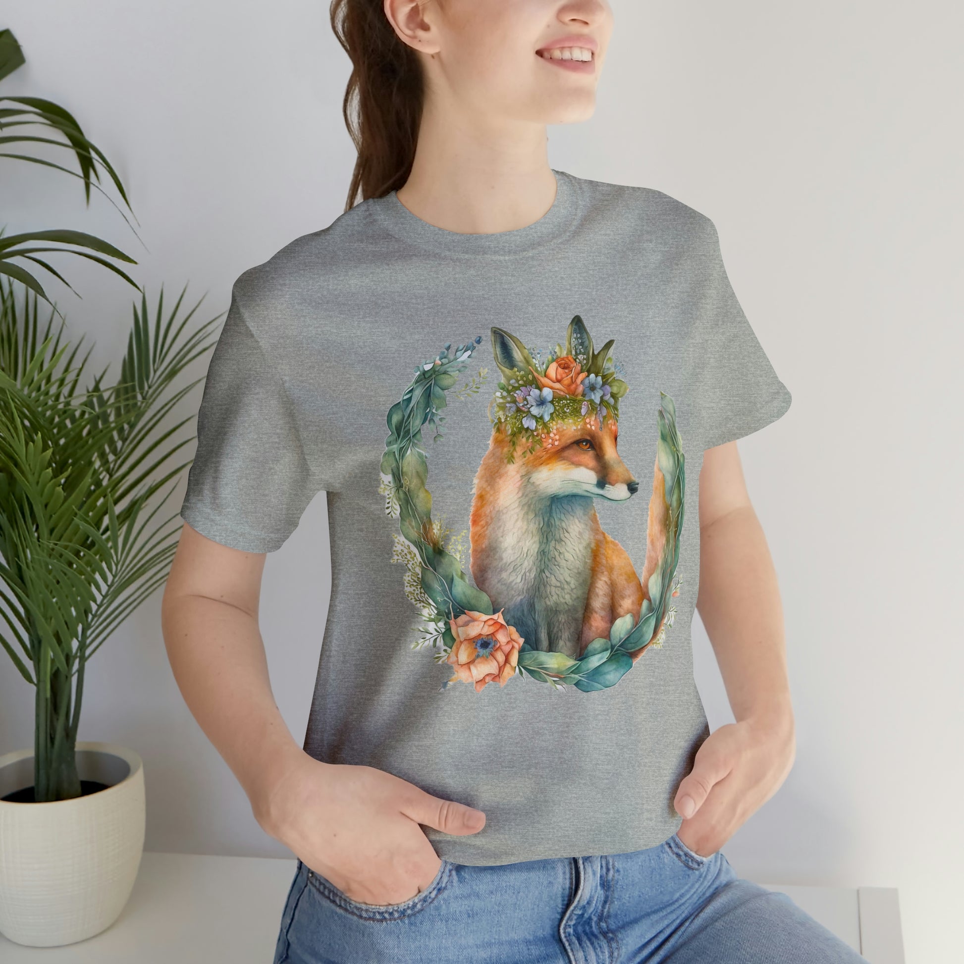 Watercolor Fox Peaking Through Wreath Short Sleeve T-shirt