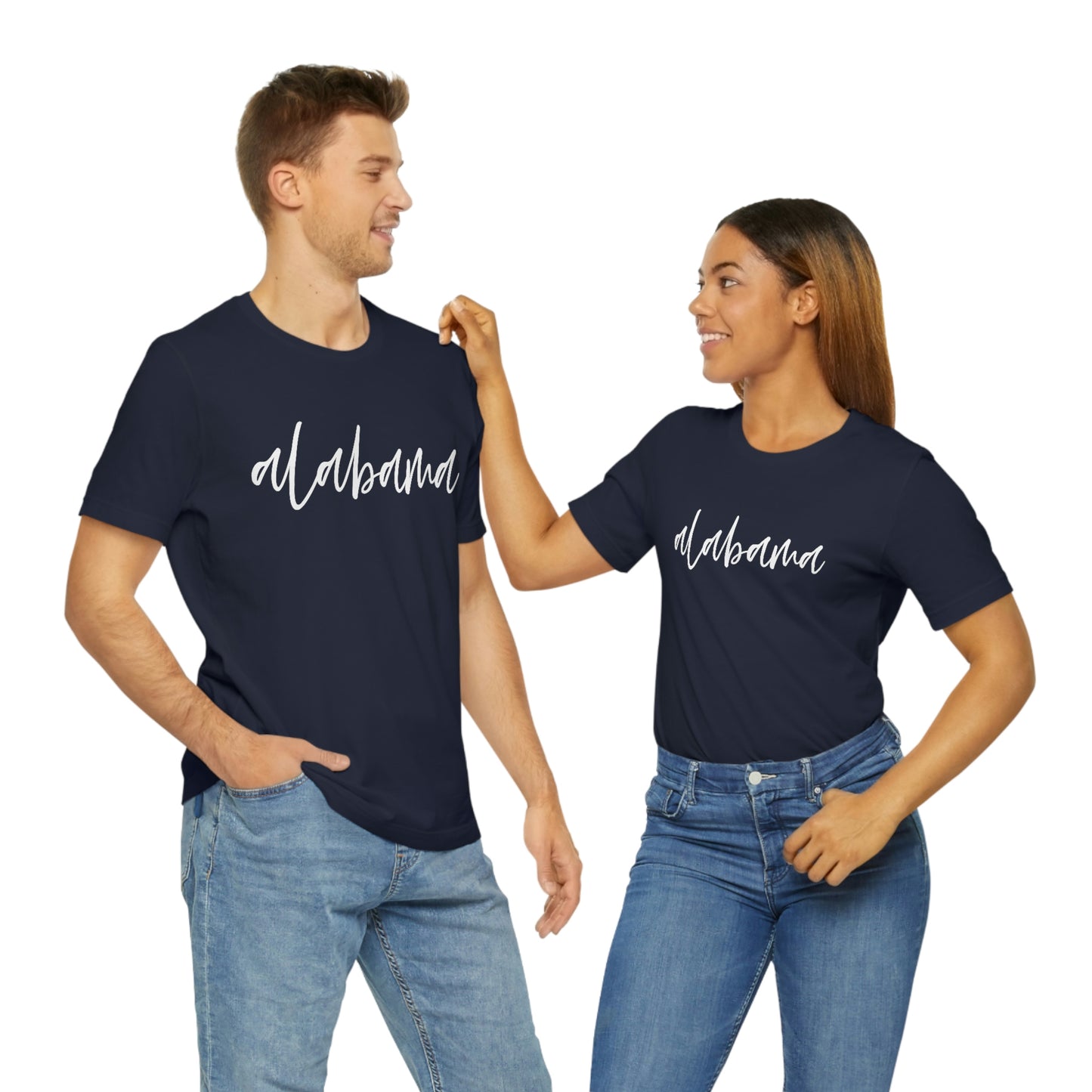 Alabama in White Script Unisex Jersey Short Sleeve T-shirt