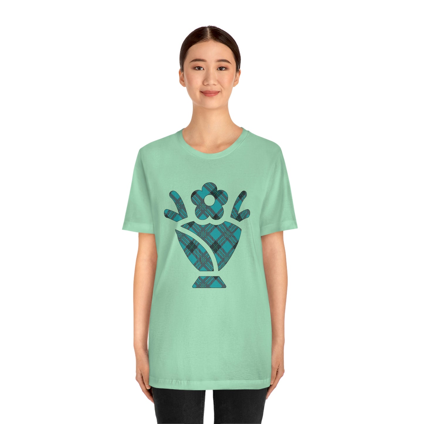 Blue Plaid Egg Basket Flowers Unisex Jersey Short Sleeve Tee