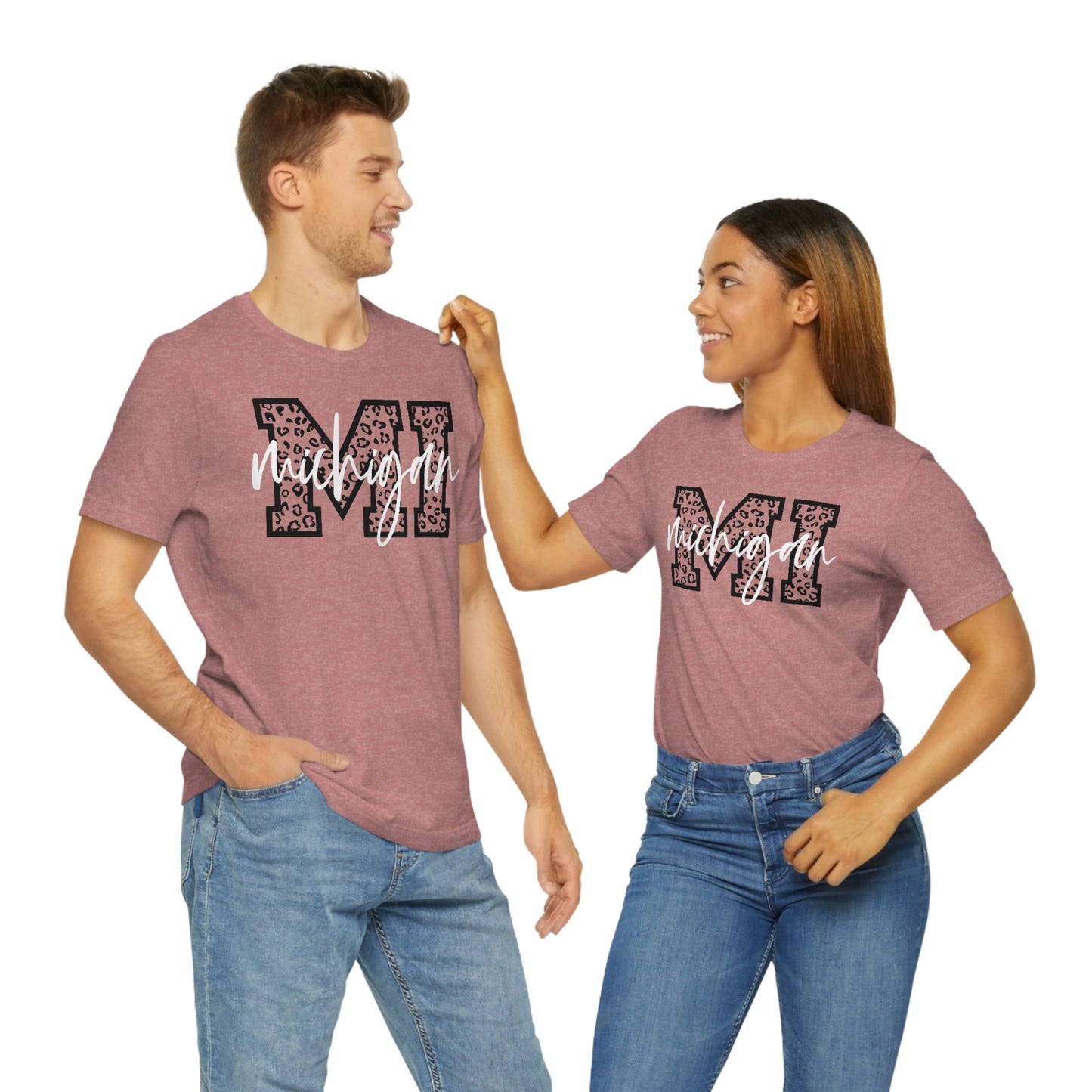 Michigan MI Leopard Print Letters White Script Short Sleeve T-shirt