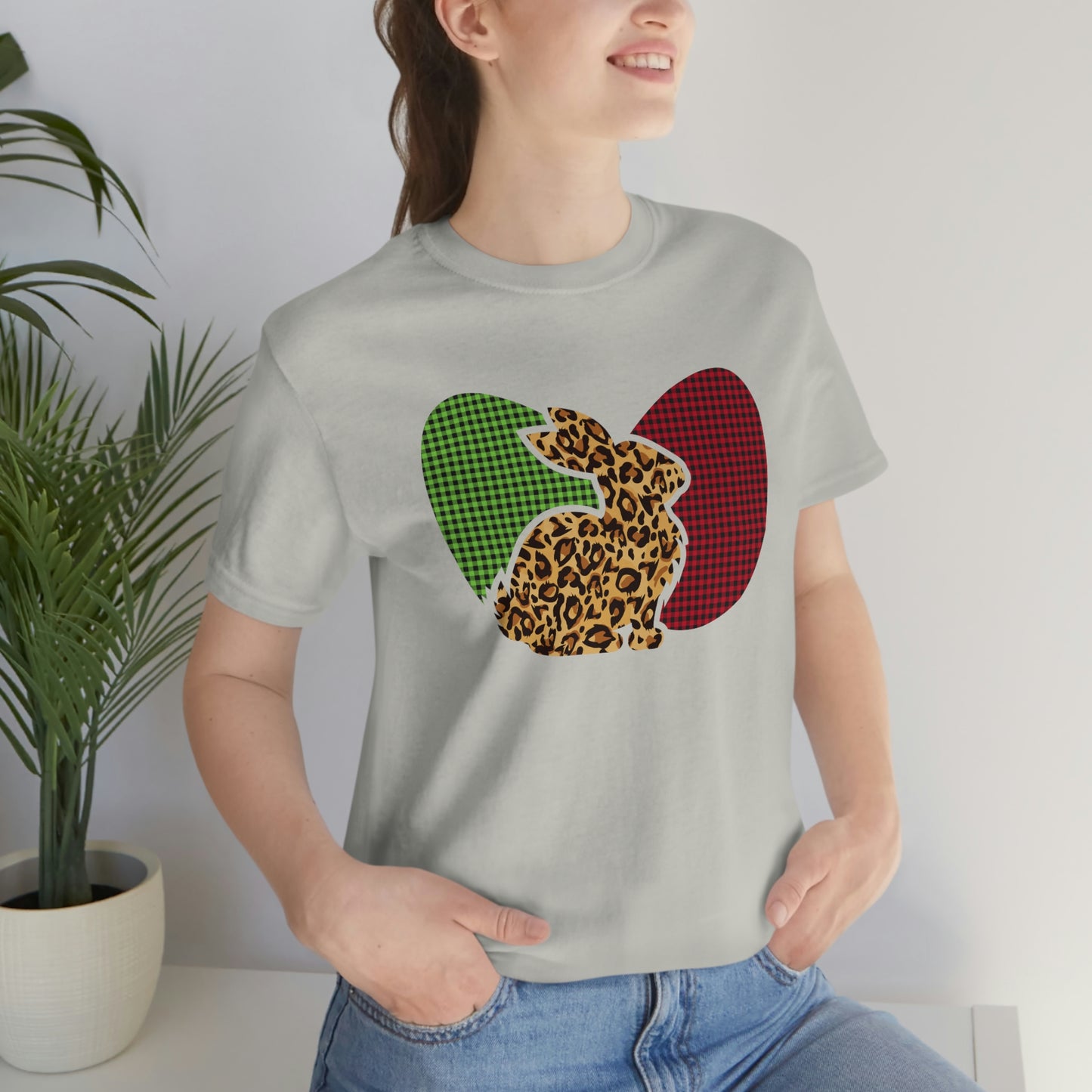 Leopard Print Plaid Eggs Easter Spring Print Unisex Jersey Short Sleeve Tee