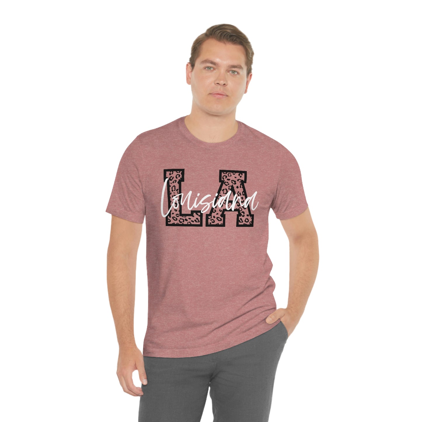 Louisiana LA Leopard Print Letters White Script Short Sleeve T-shirt