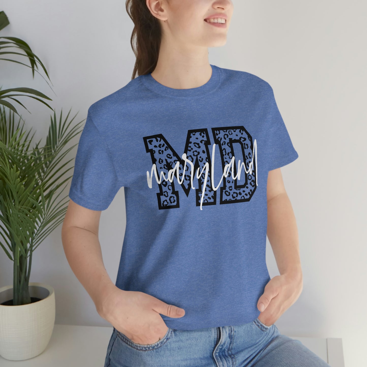 Maryland MD Leopard Print Letters White Script Short Sleeve T-shirt
