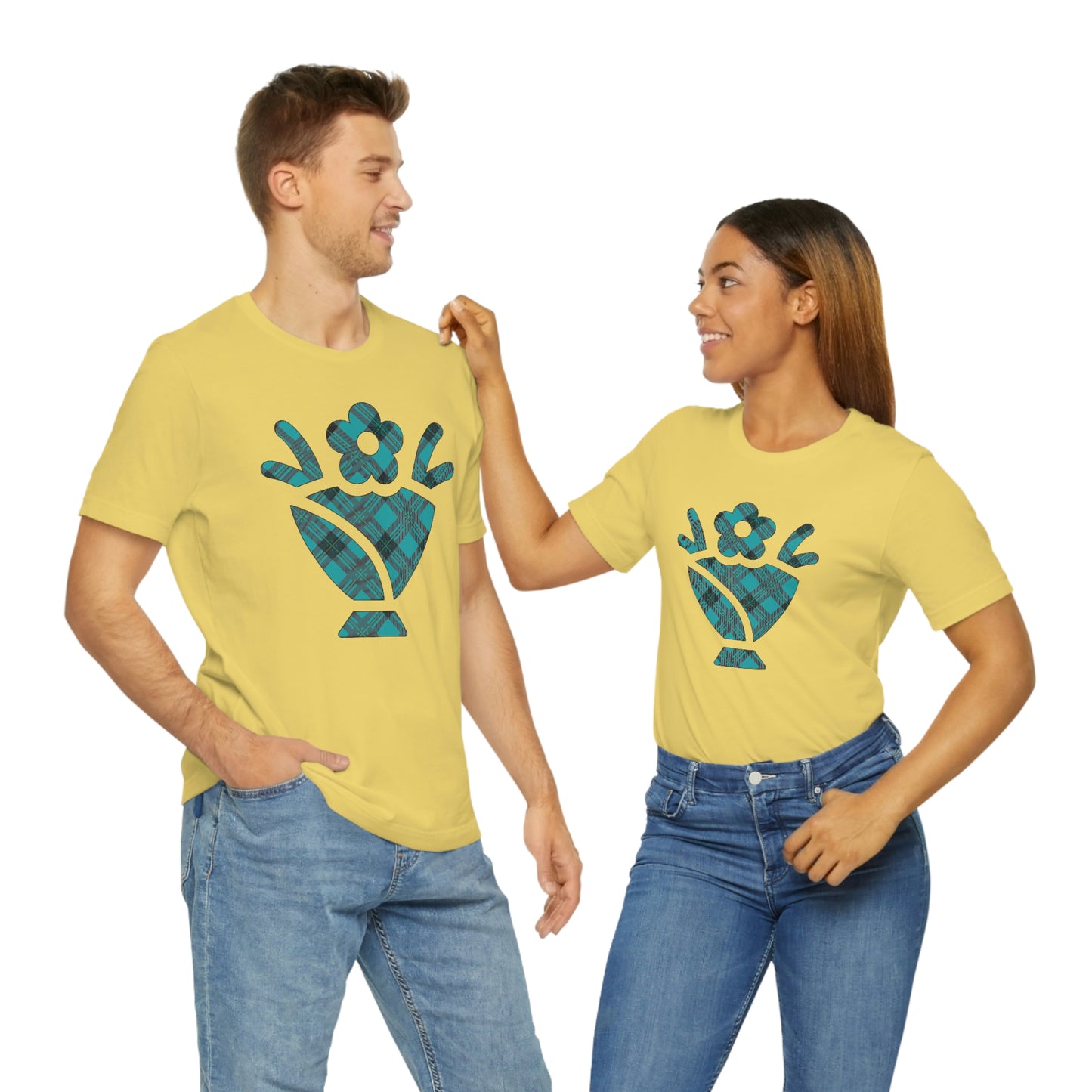 Blue Plaid Egg Basket Flowers Unisex Jersey Short Sleeve Tee